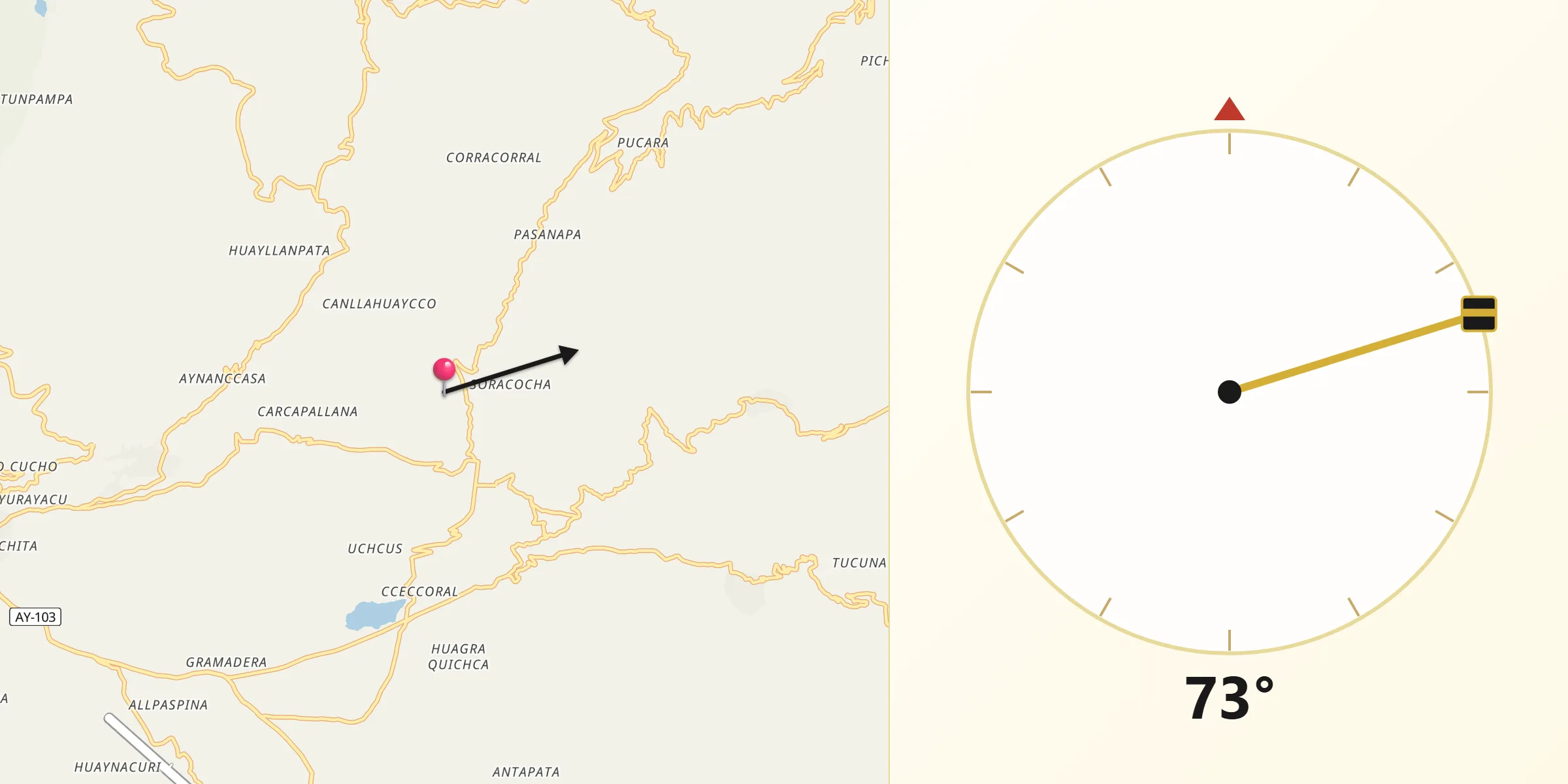 Dirección de la Qibla desde Provincia de Vilcas Huamán
