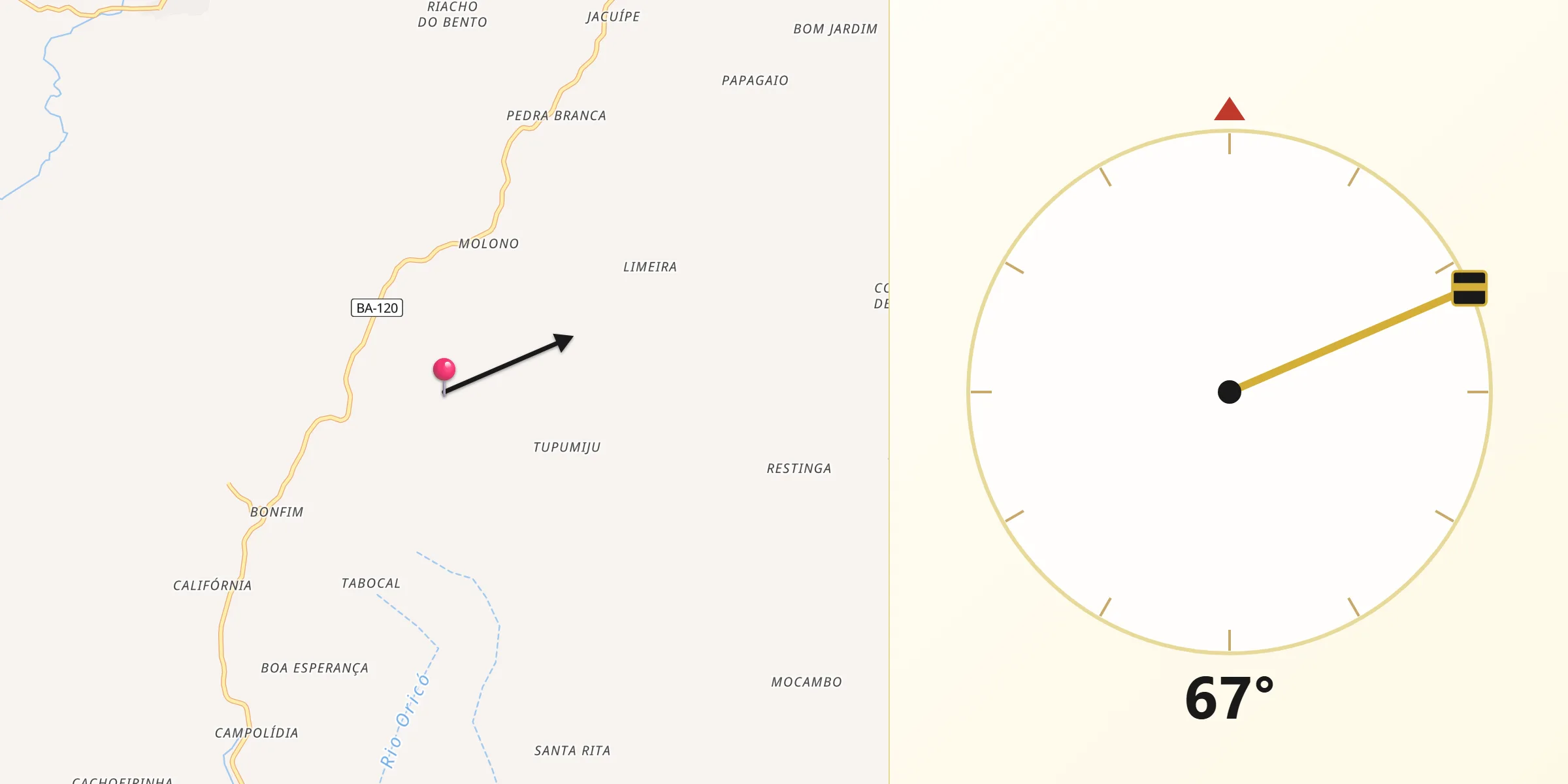Direção da Qibla a partir de Nova Ibiá