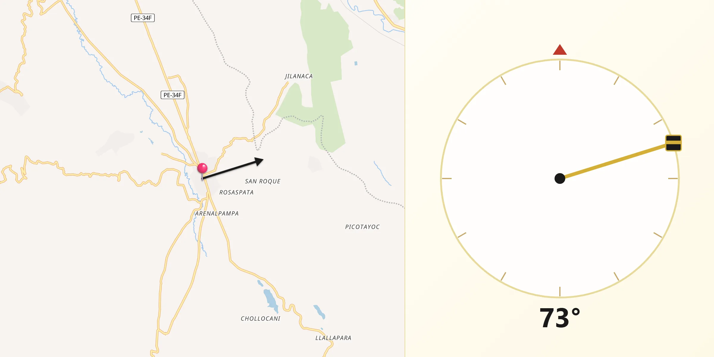 Dirección de la Qibla desde Yanaoca