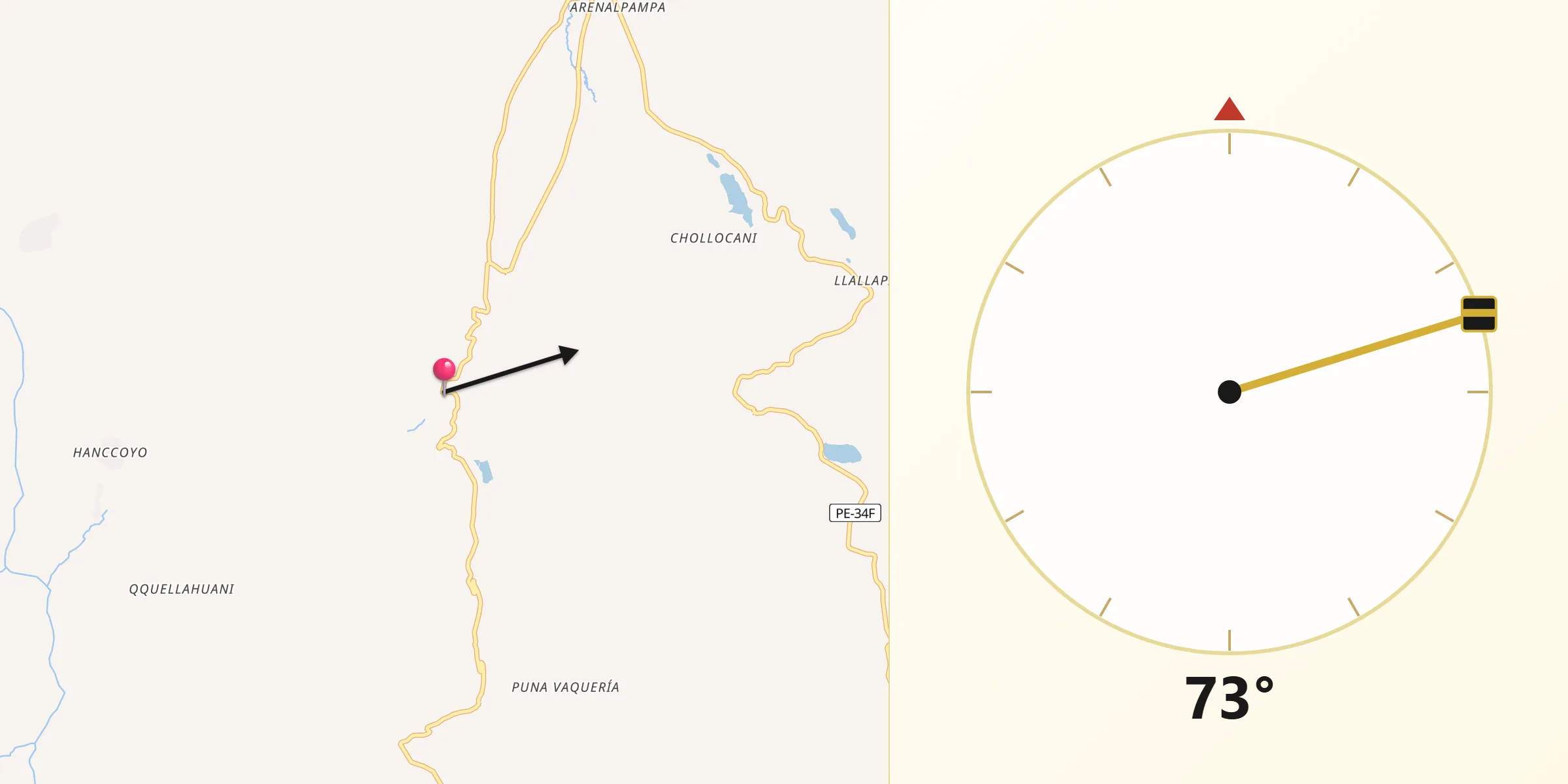 Dirección de la Qibla desde Ccaquiracunca