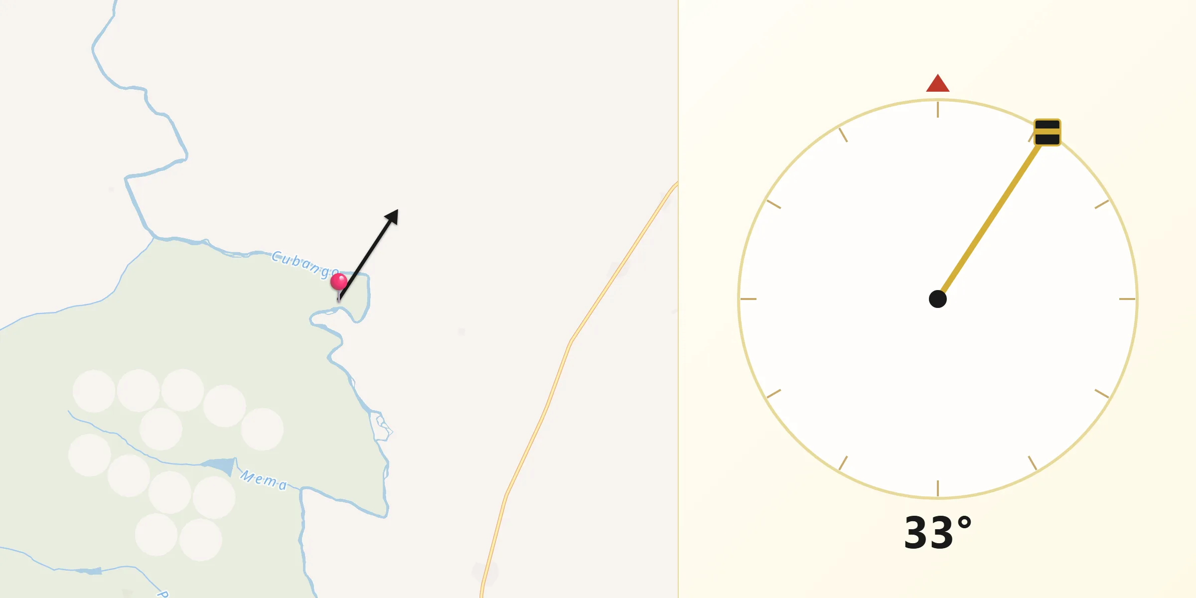 Direção da Qibla a partir de Cuvango