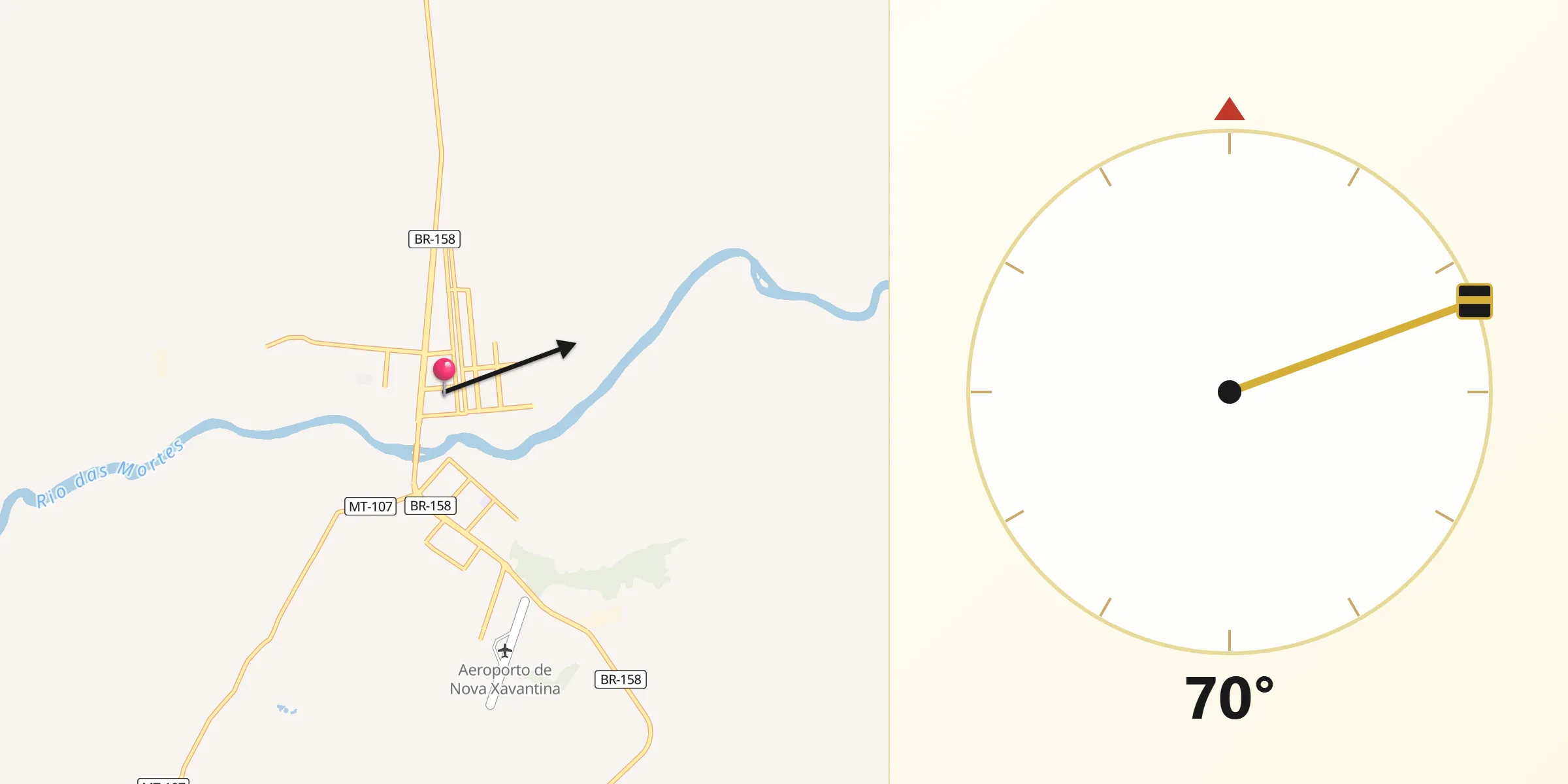 Direção da Qibla a partir de Nova Xavantina