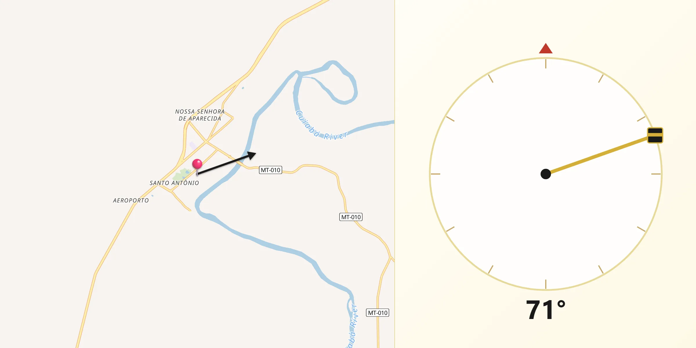 Direção da Qibla a partir de Rosário Oeste