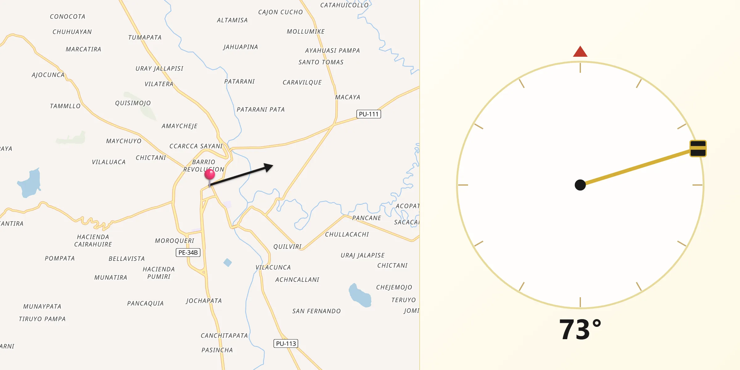 Dirección de la Qibla desde Azángaro