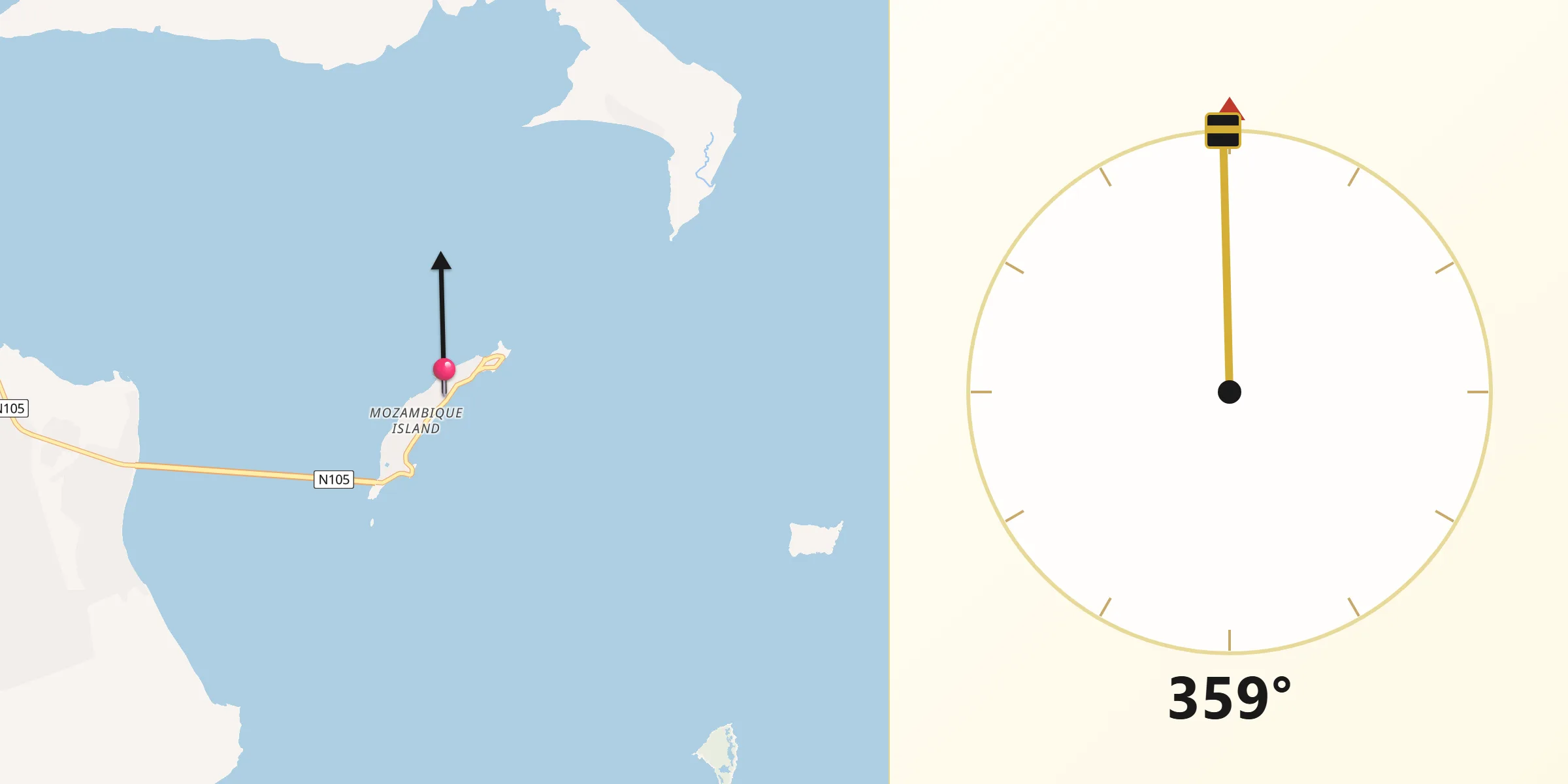 Direção da Qibla a partir de Ilha de Moçambique