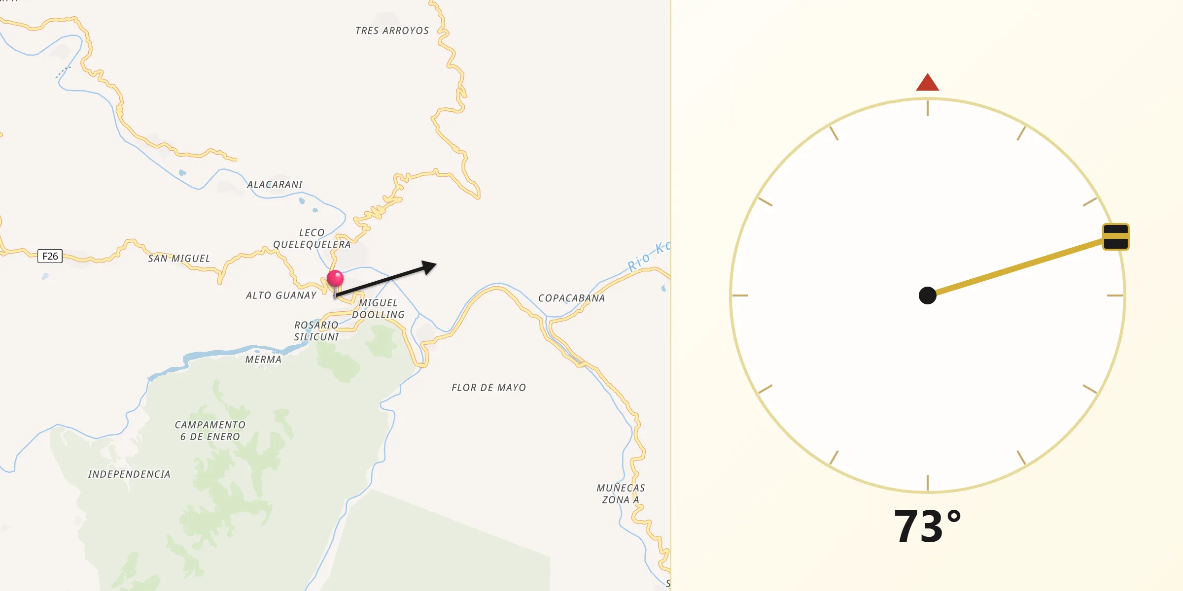 Dirección de la Qibla desde Guanay