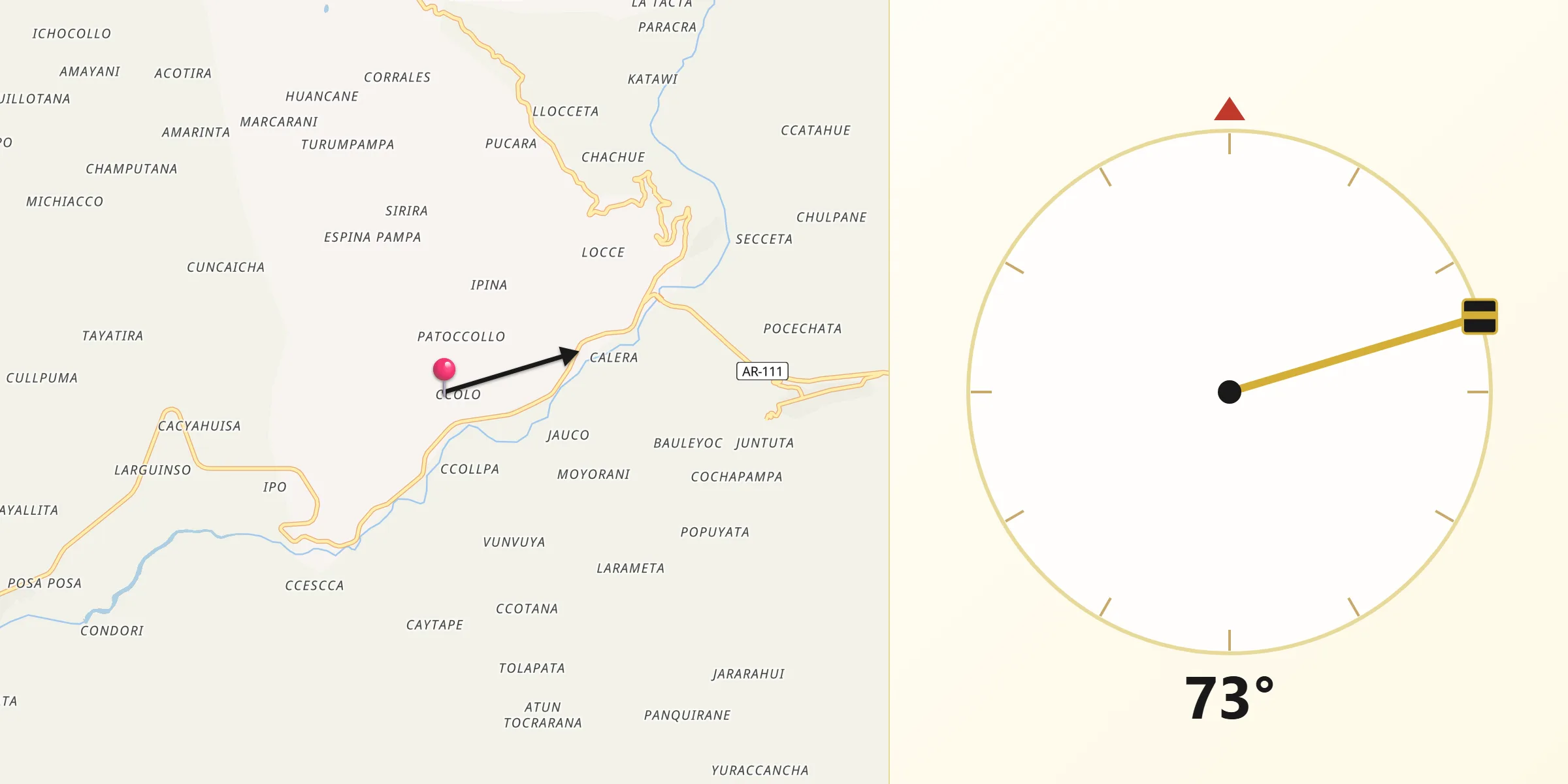 Dirección de la Qibla desde Ccolo