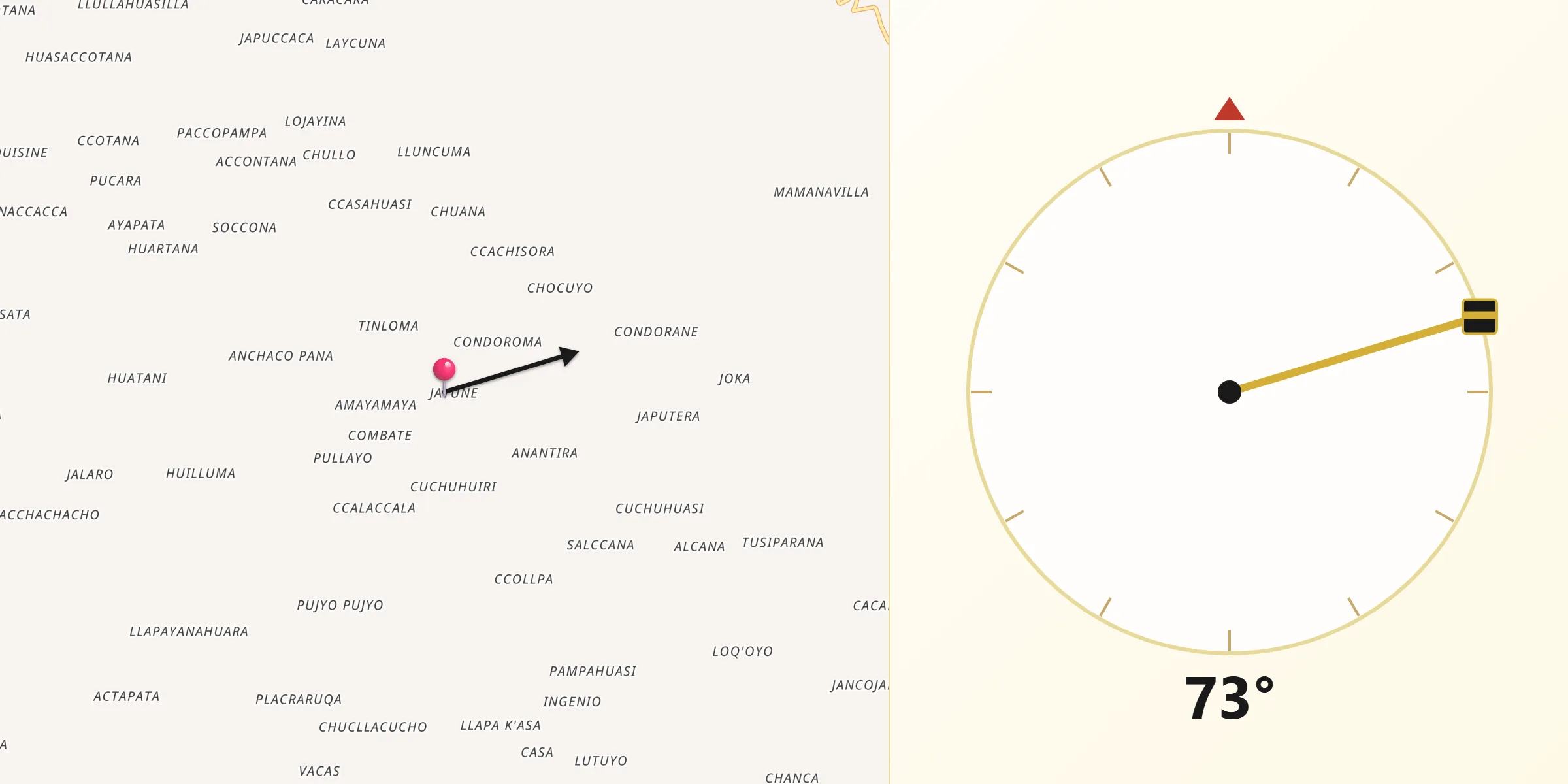 Dirección de la Qibla desde Jayune