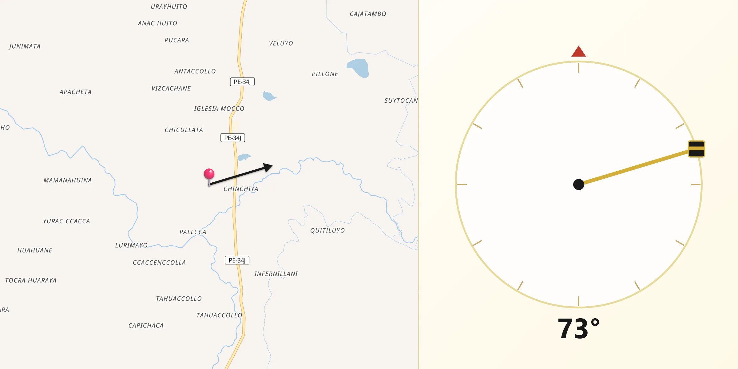 Dirección de la Qibla desde Huarichancara