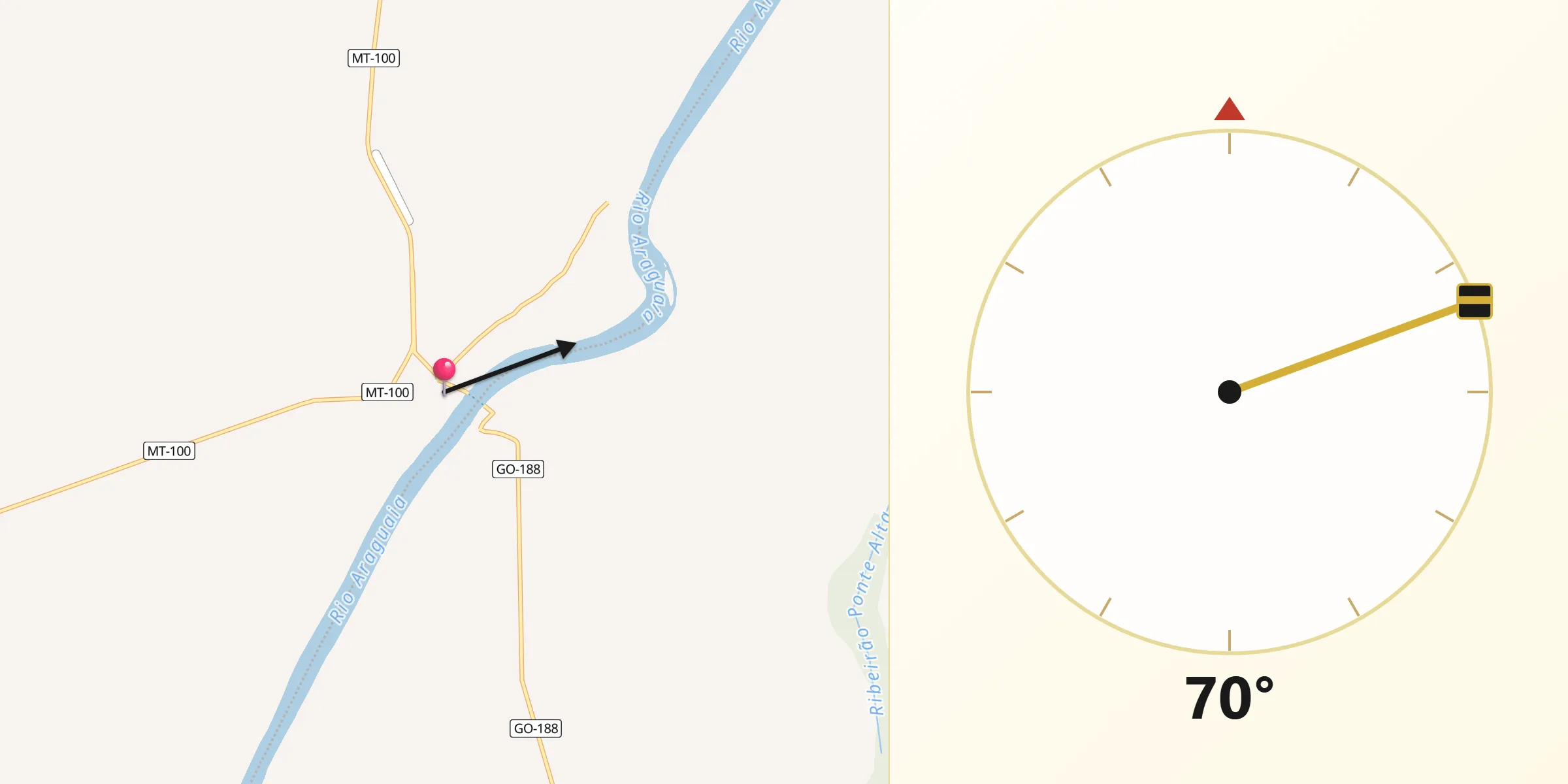 Direção da Qibla a partir de Araguaiana
