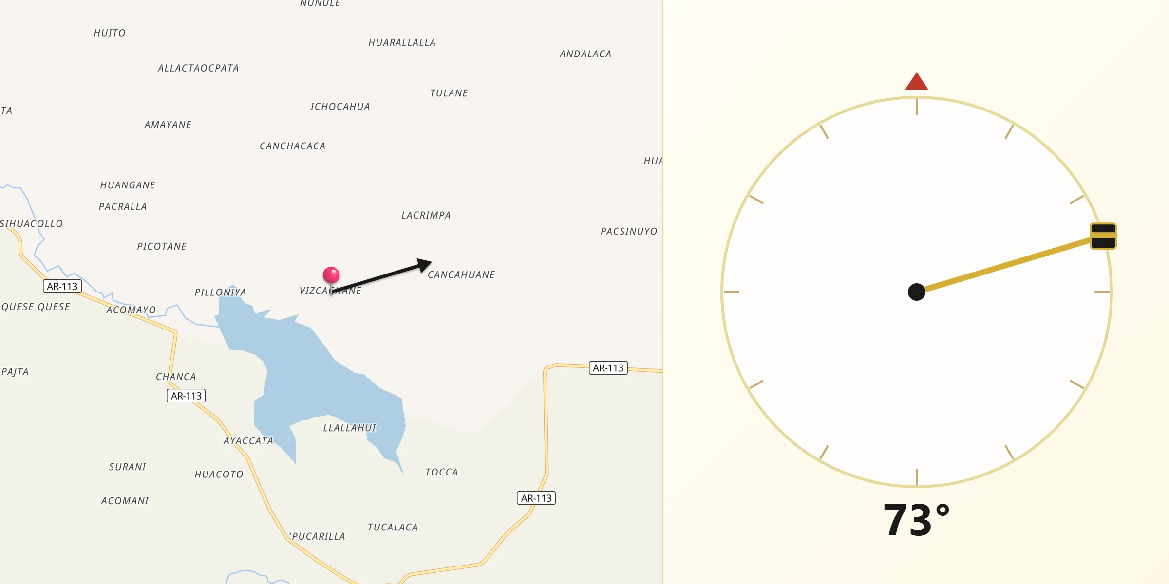 Dirección de la Qibla desde Vizcachane