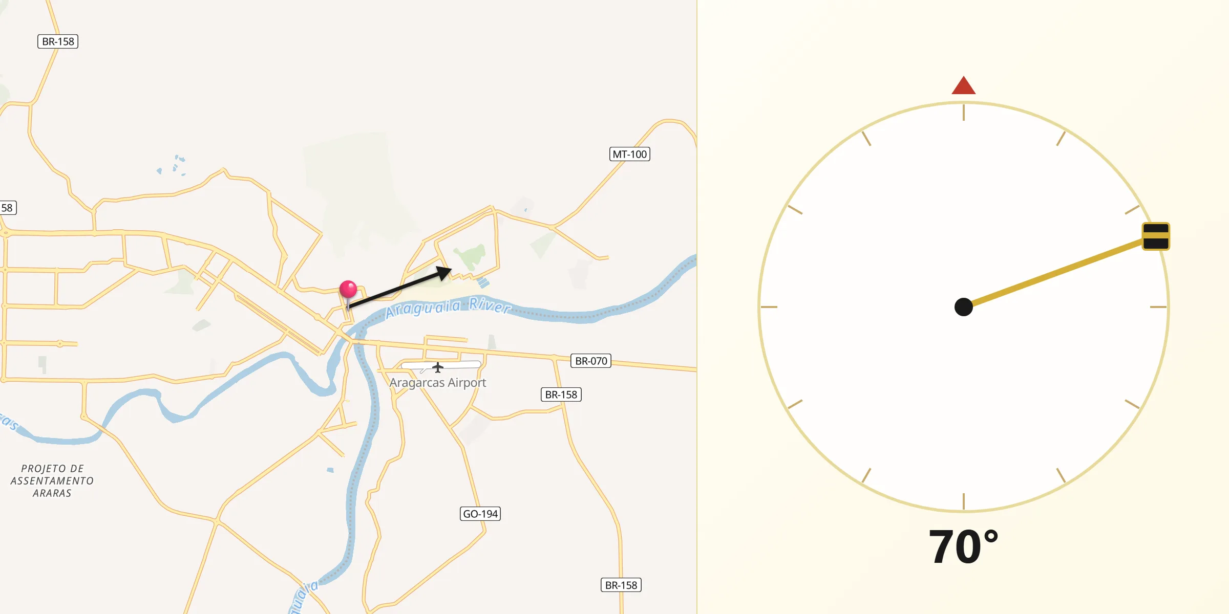 Direção da Qibla a partir de Barra do Garças