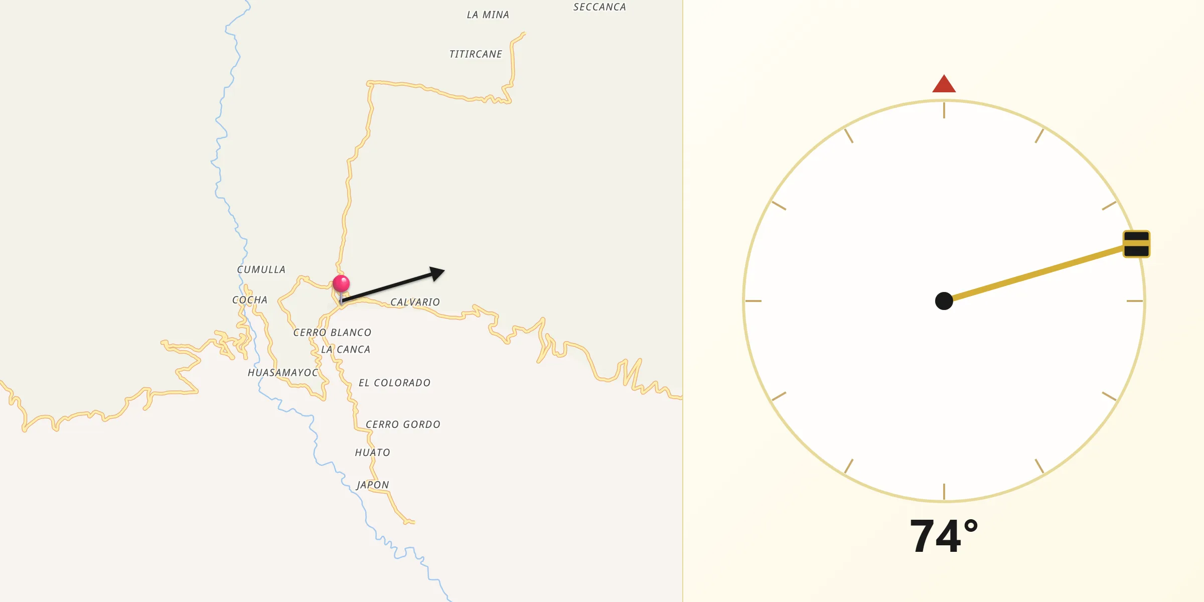 Dirección de la Qibla desde Lluta