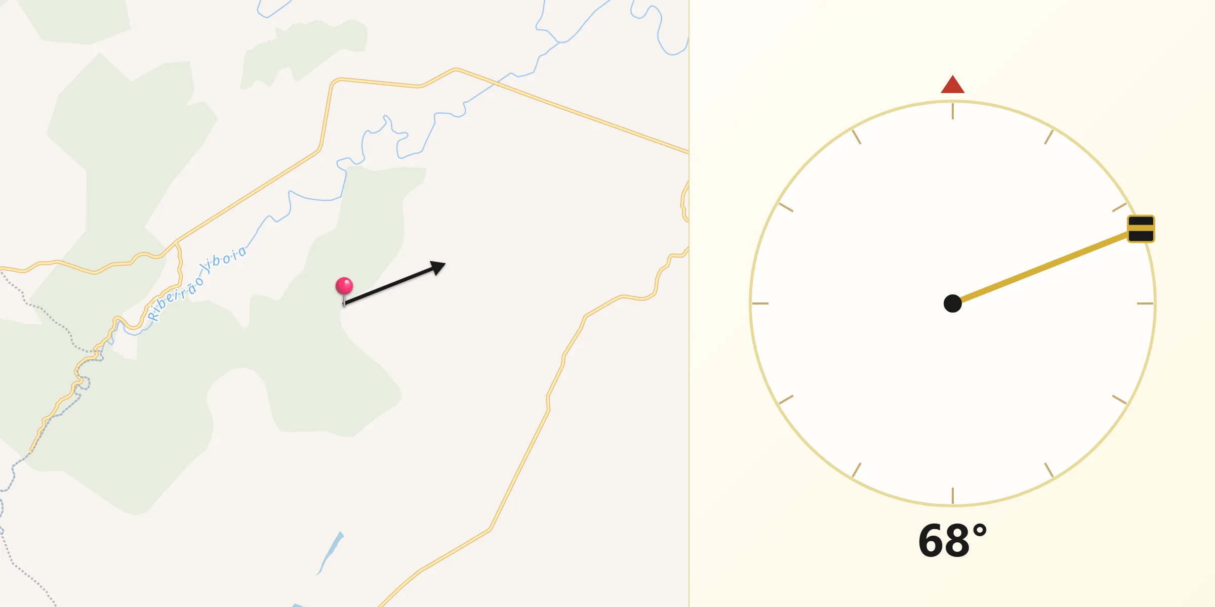 Direção da Qibla a partir de Uruana de Minas