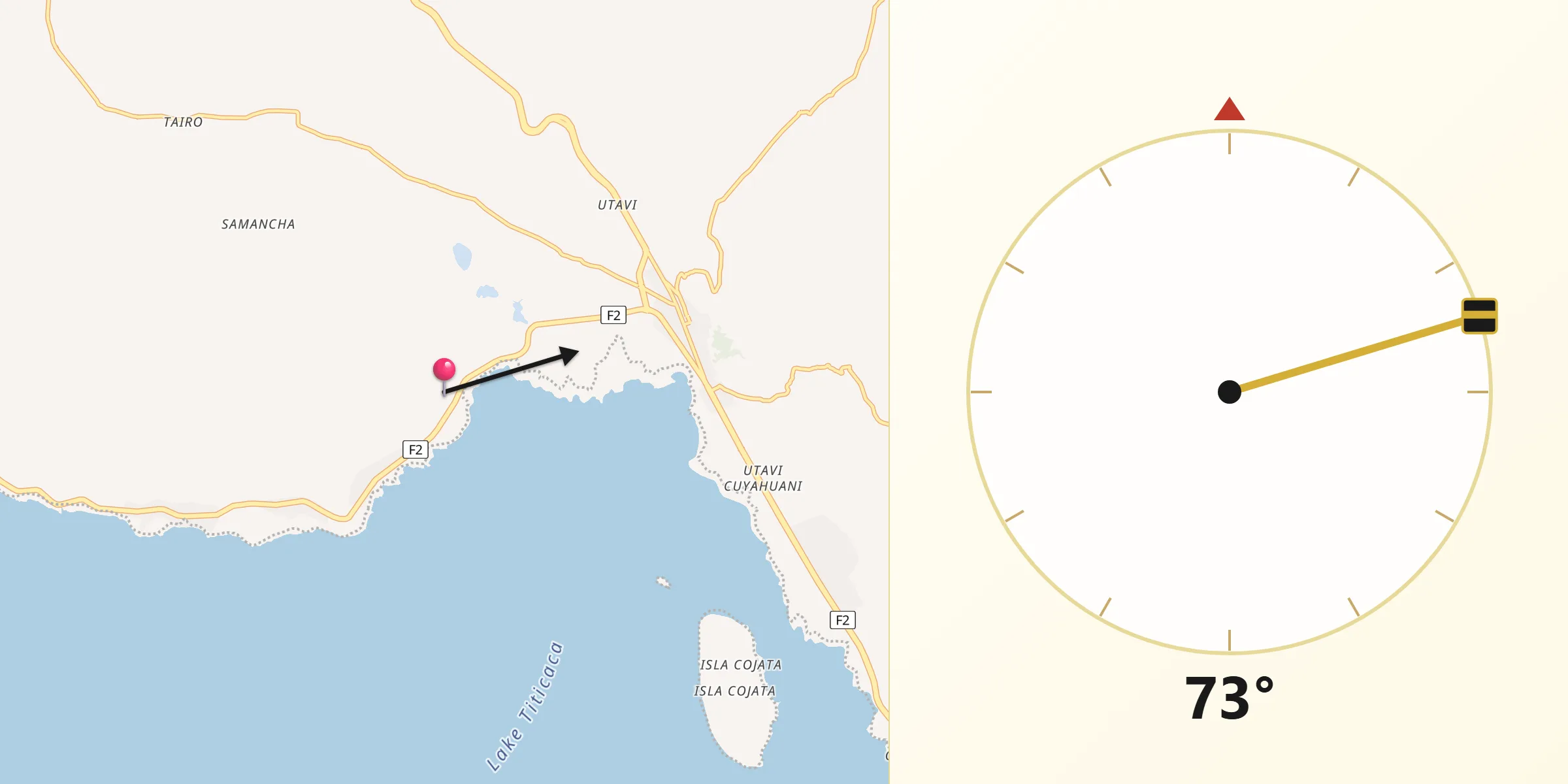 Dirección de la Qibla desde Huarina