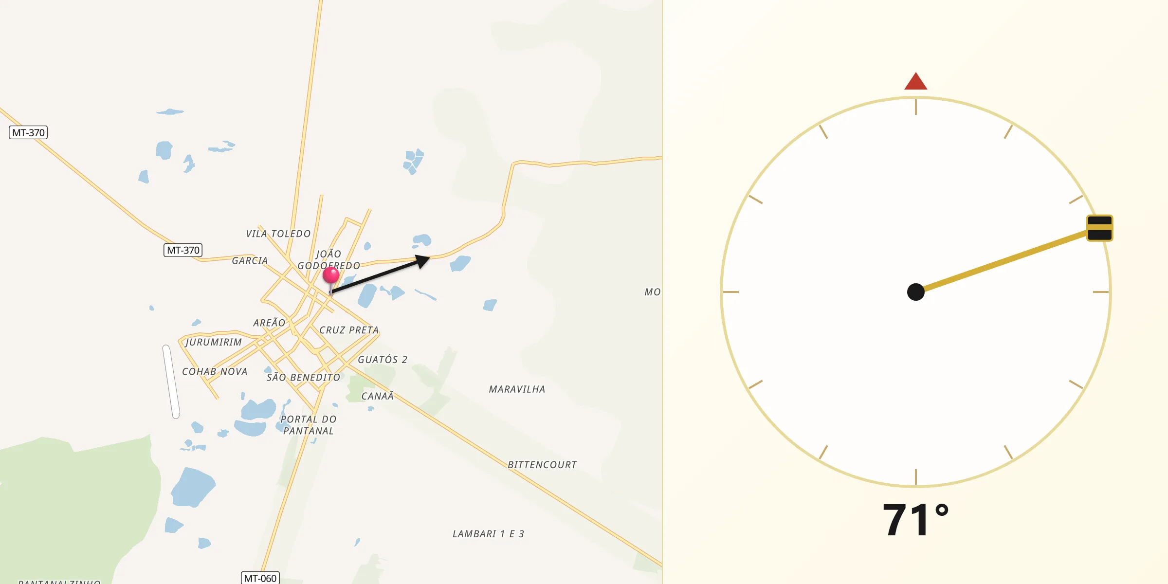 Direção da Qibla a partir de Poconé