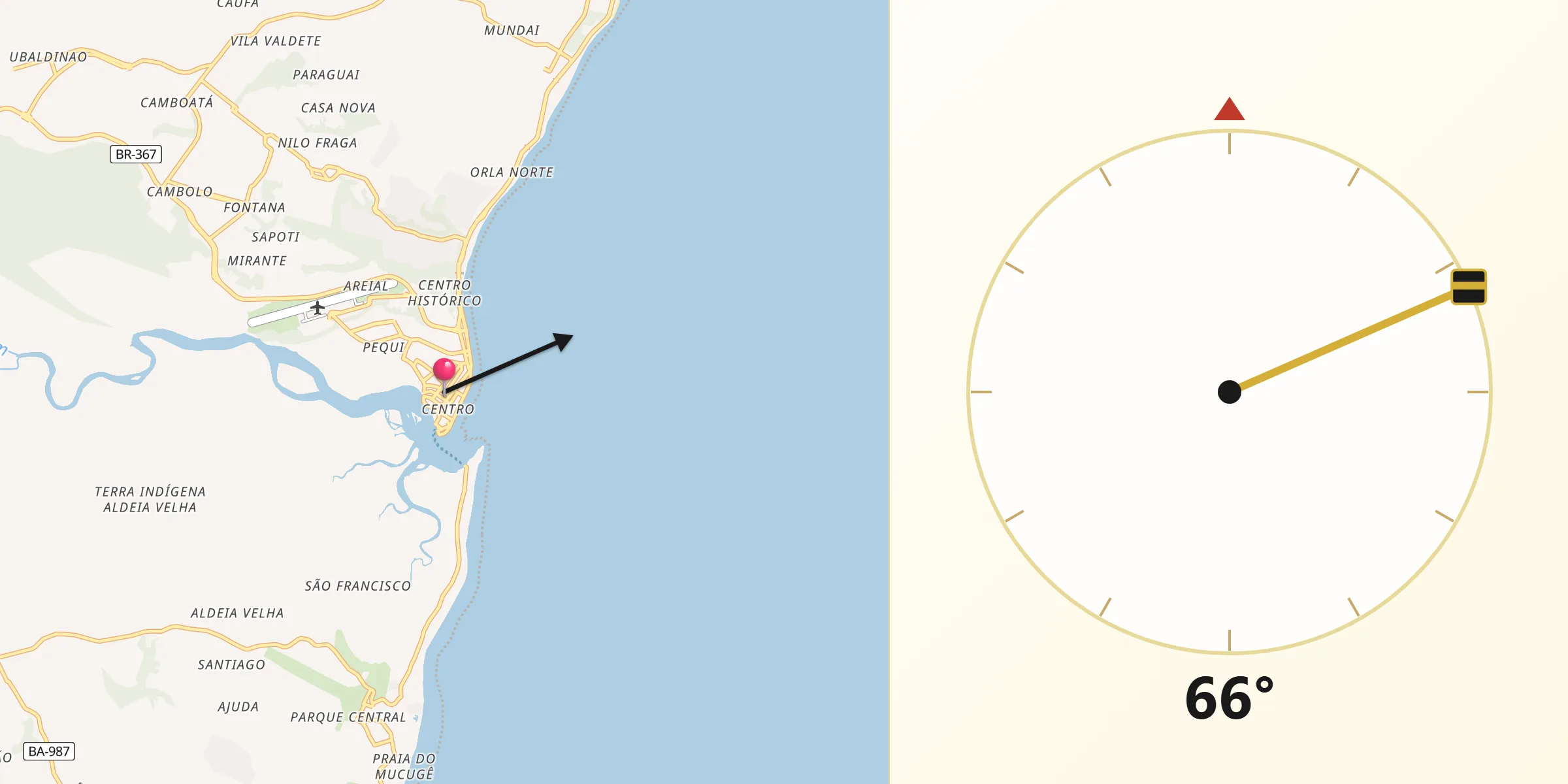 Direção da Qibla a partir de Porto Seguro