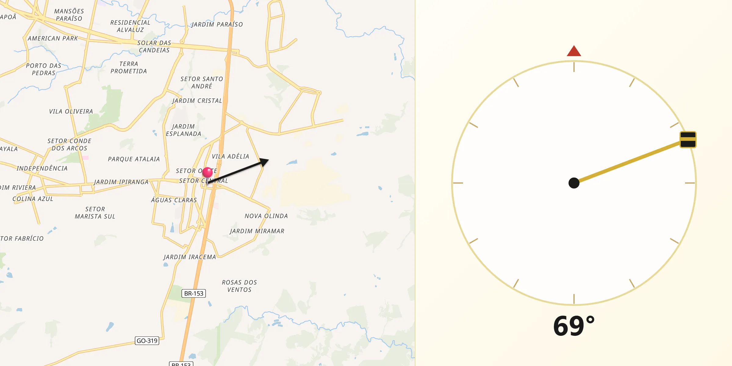Qibla-Richtung von Aparecida de Goiânia