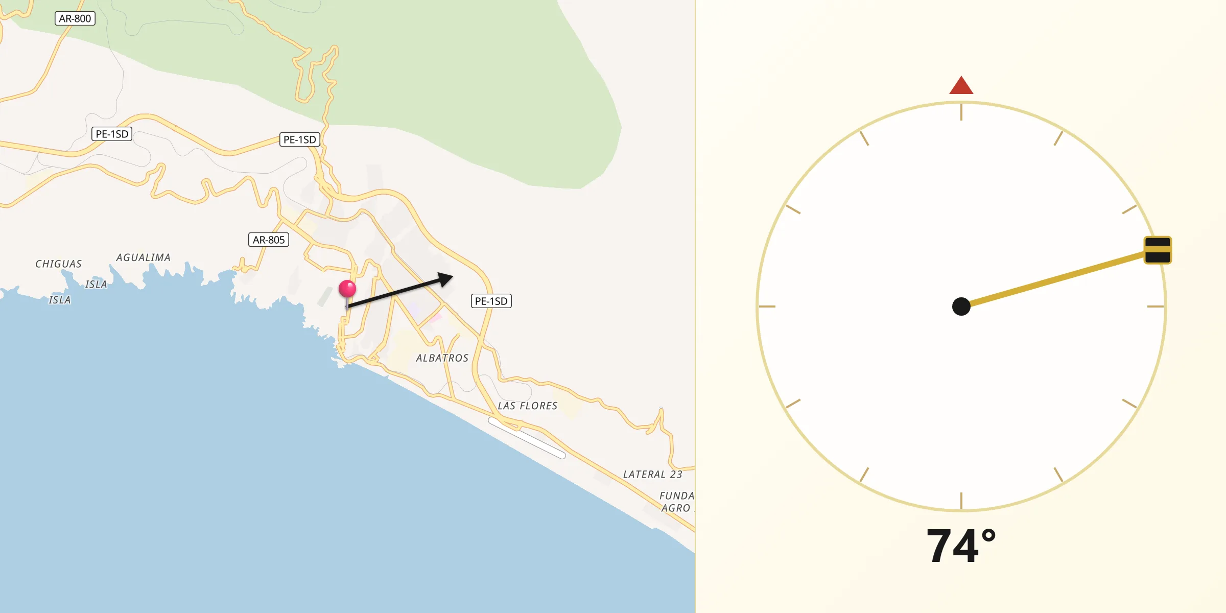 Dirección de la Qibla desde Mollendo