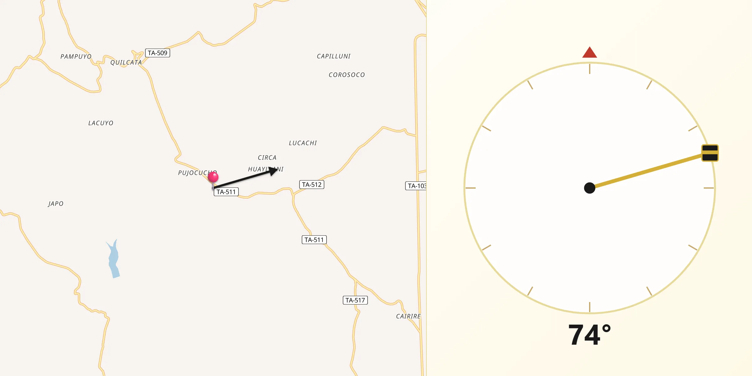 Dirección de la Qibla desde Pujocucho