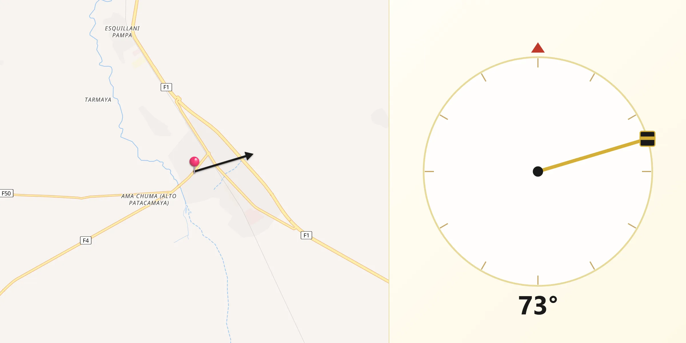 Dirección de la Qibla desde Patacamaya