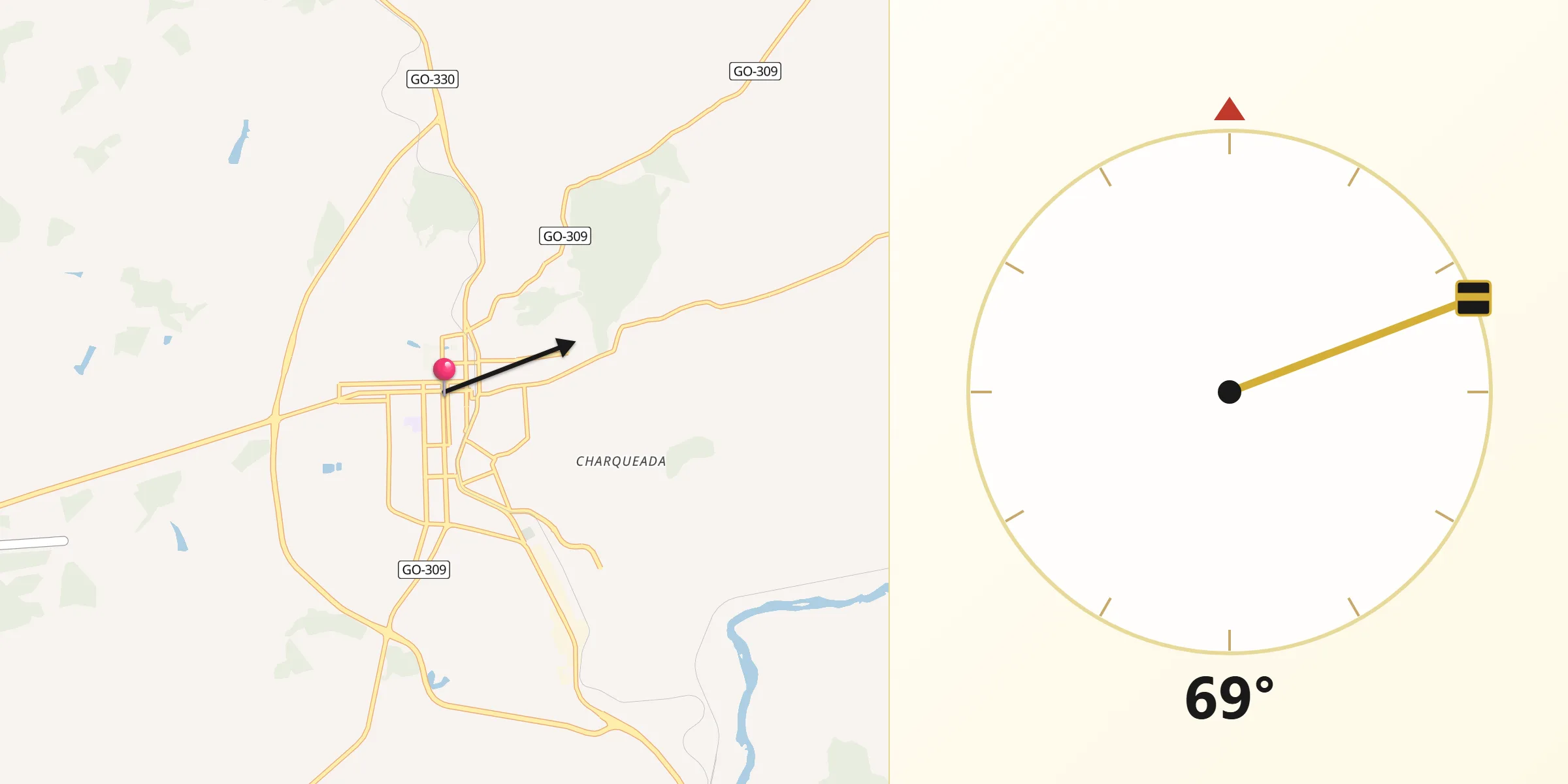 Direção da Qibla a partir de Pires do Rio
