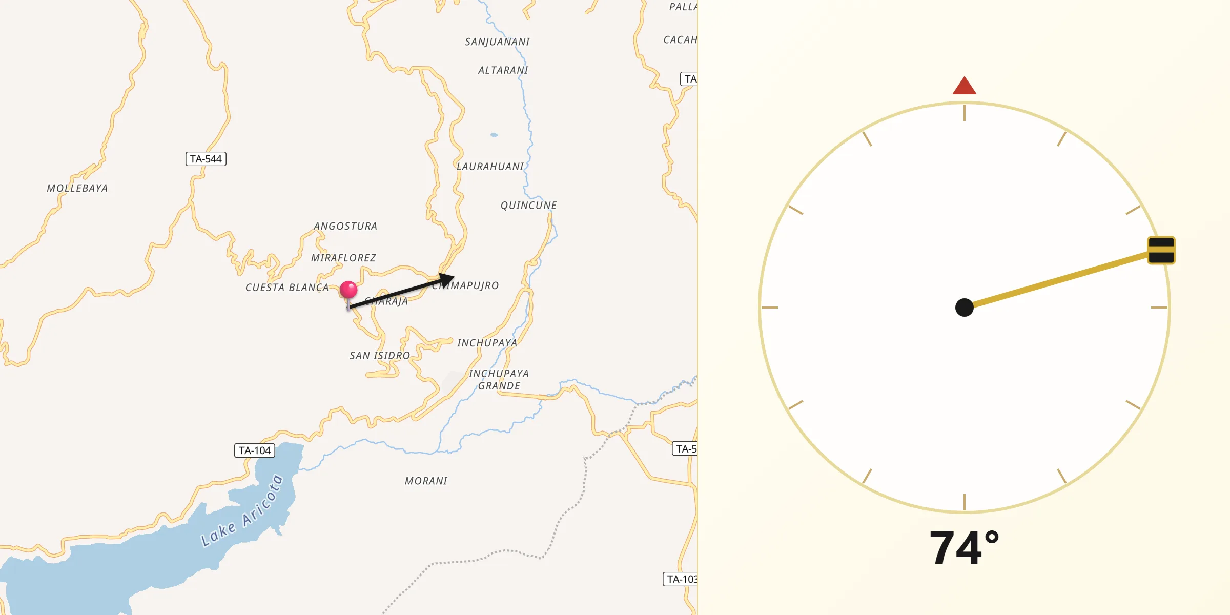 Dirección de la Qibla desde Quilahuani