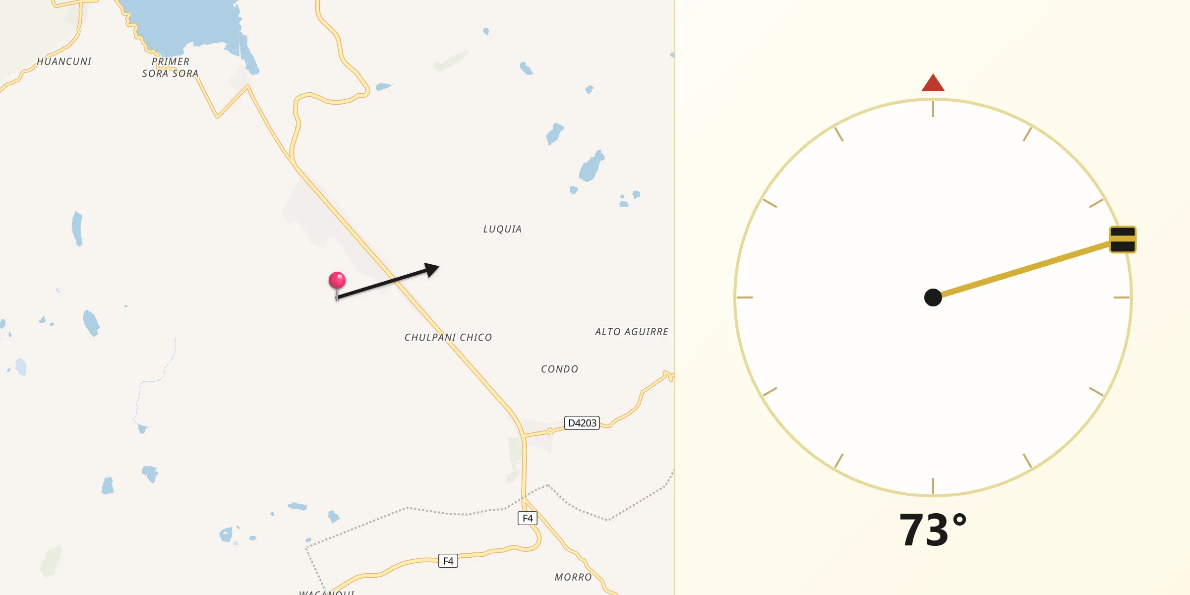 Dirección de la Qibla desde Colomi