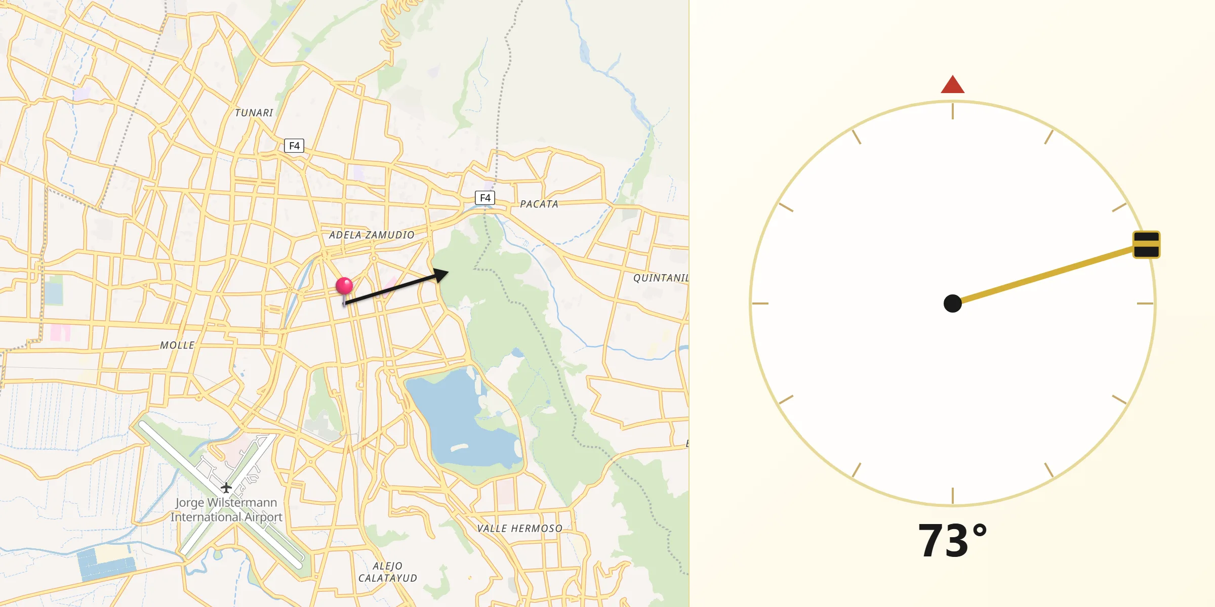 Dirección de la Qibla desde Cochabamba