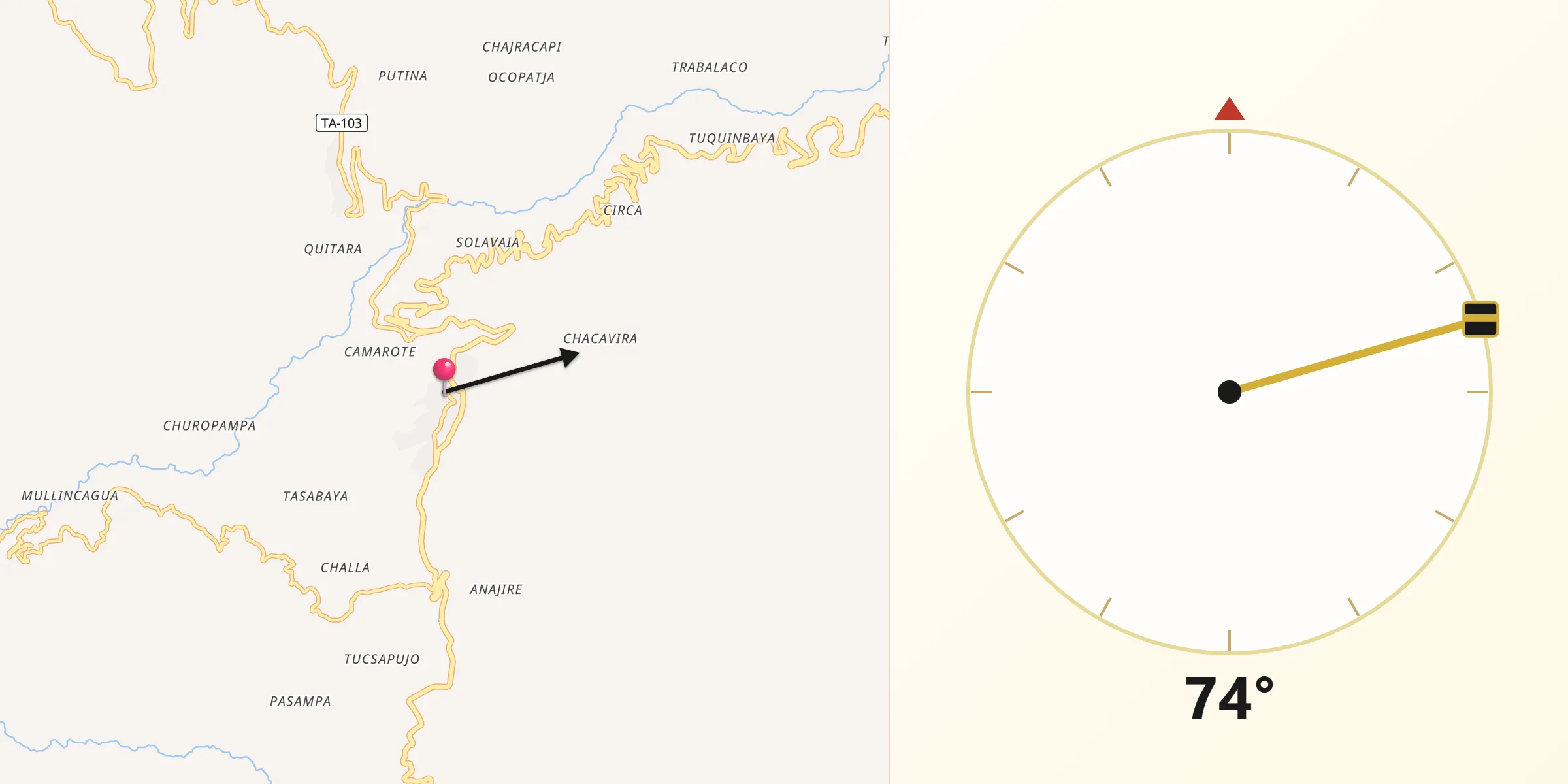 Dirección de la Qibla desde Tarata