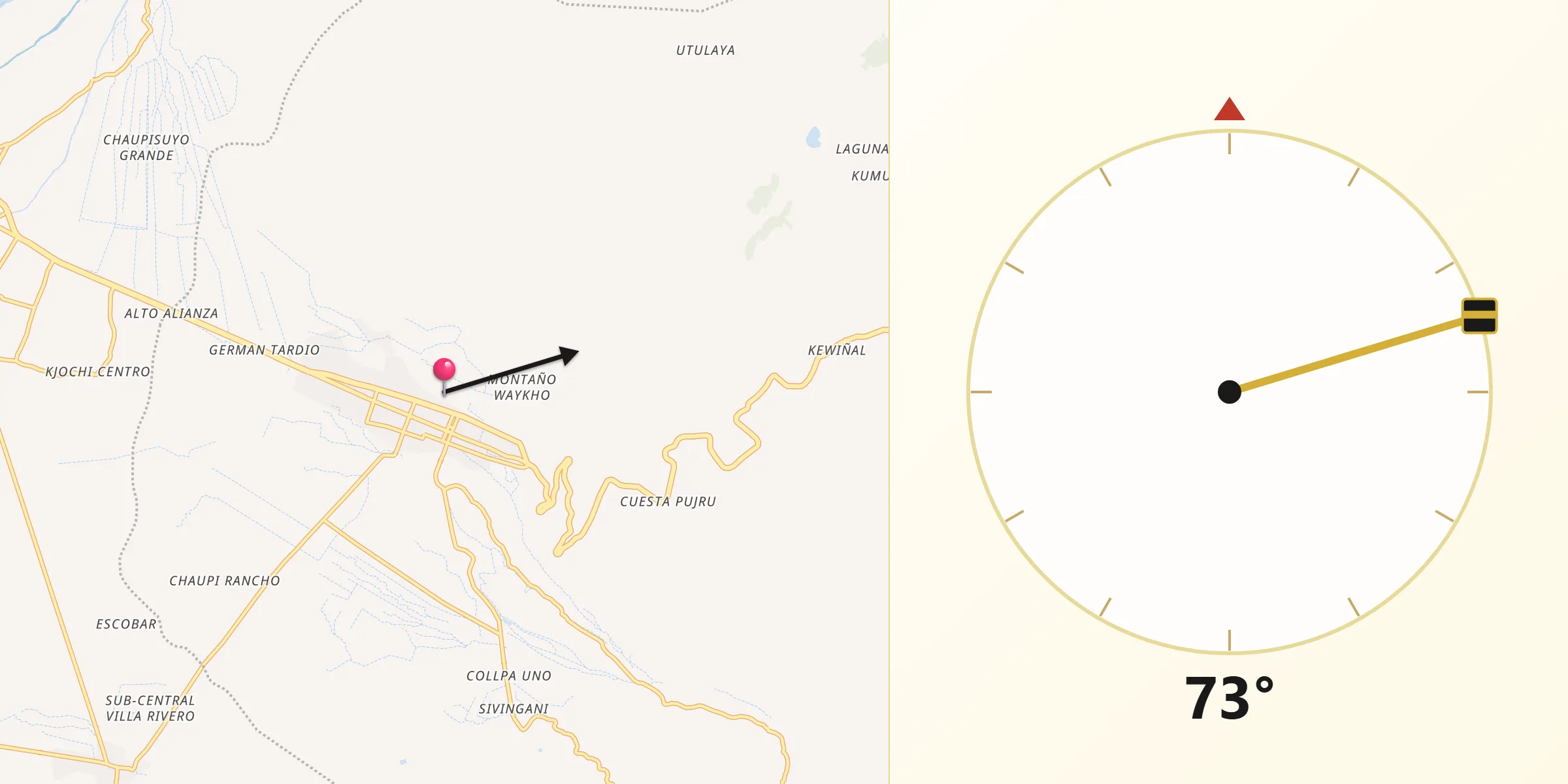 Dirección de la Qibla desde Arani