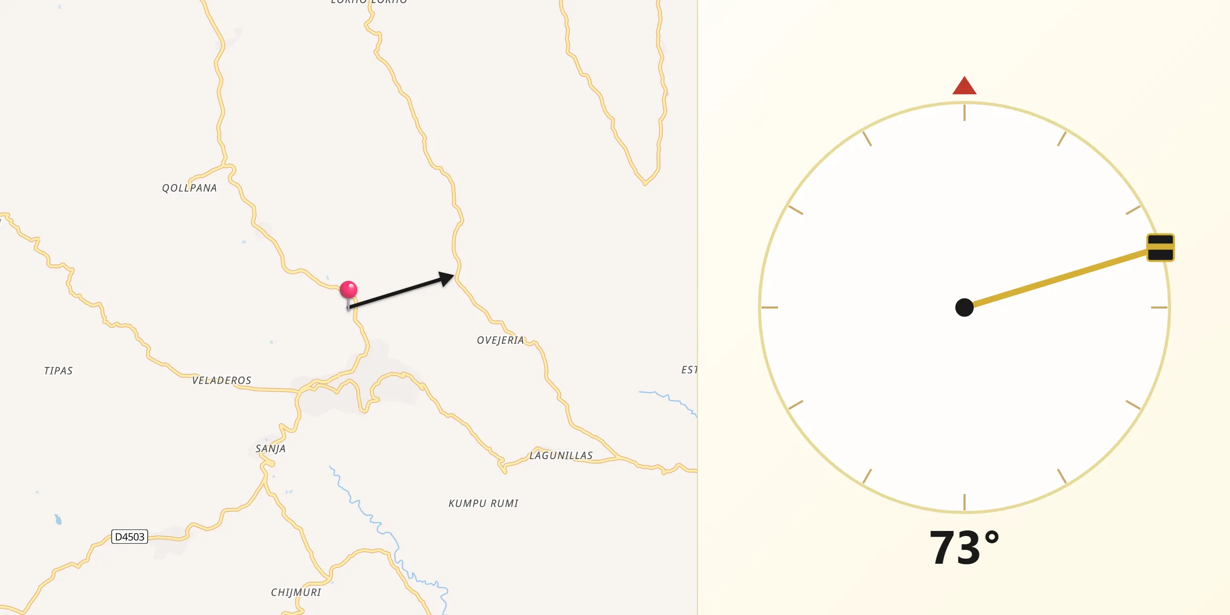 Dirección de la Qibla desde Totora