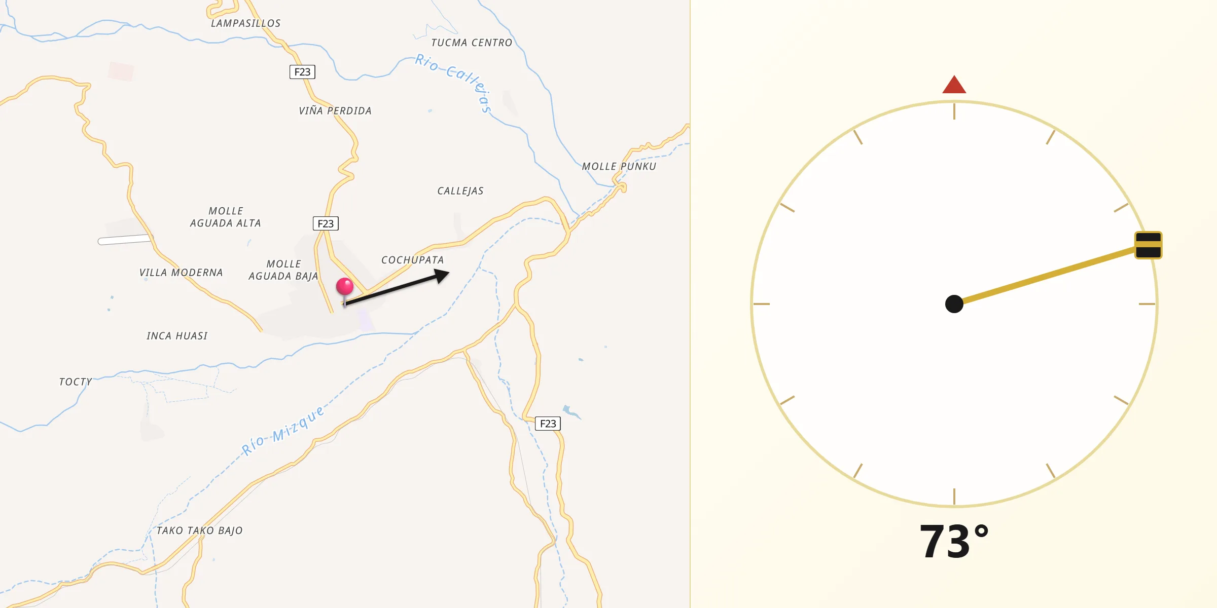 Dirección de la Qibla desde Mizque