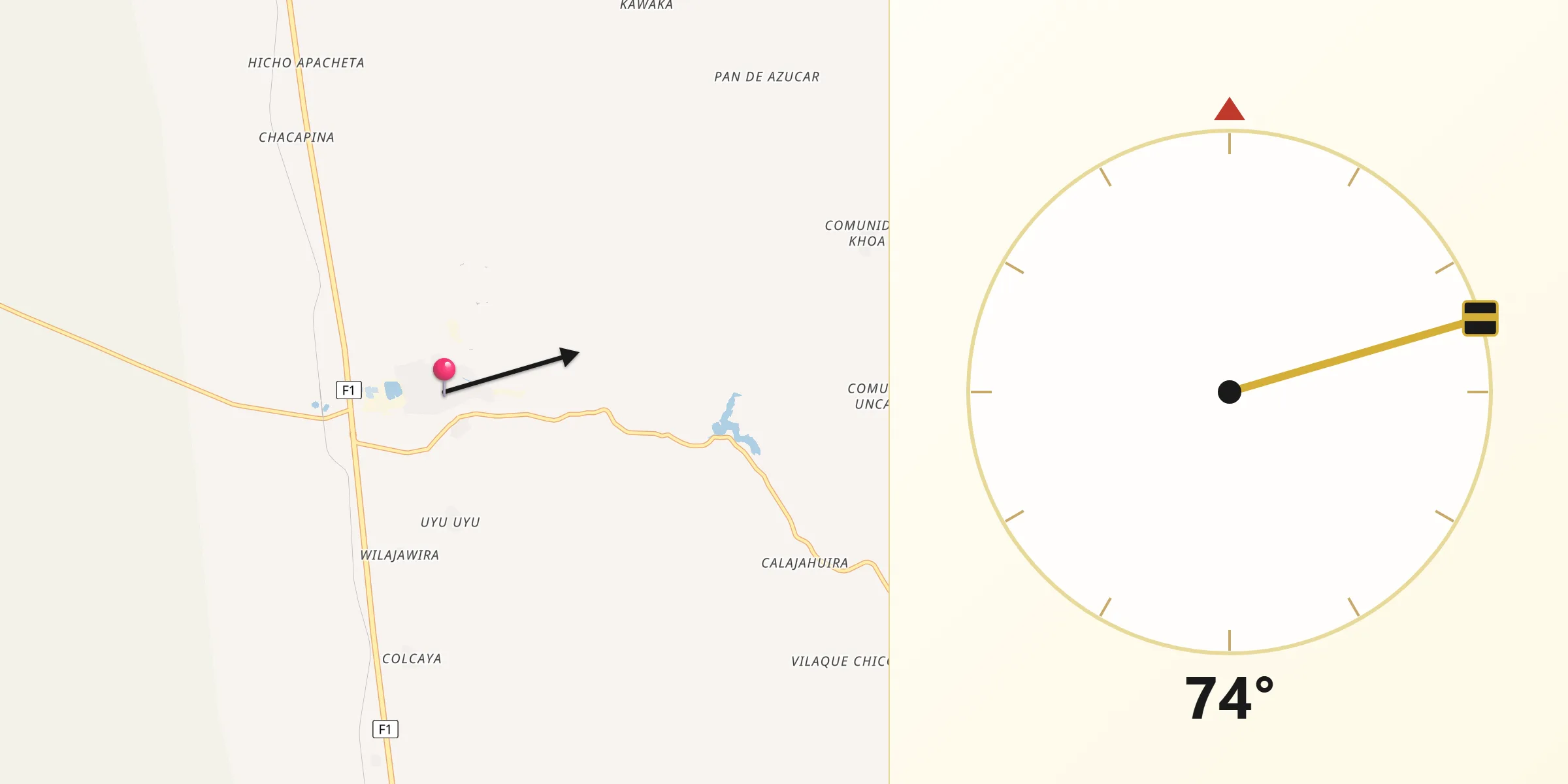 Dirección de la Qibla desde Poopó