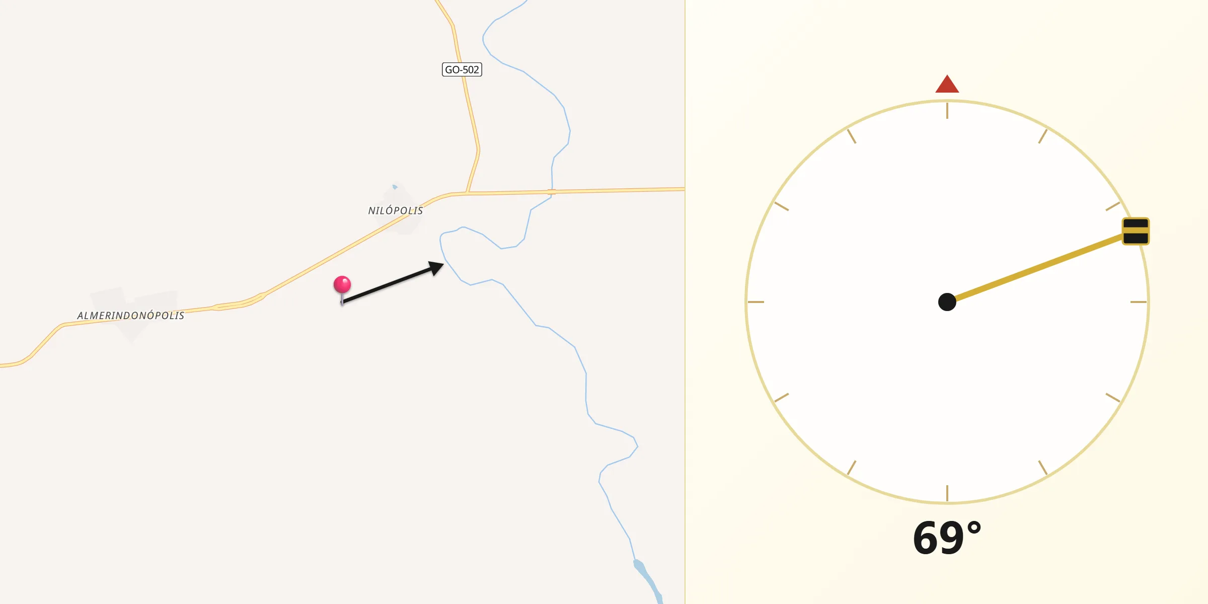 Direção da Qibla a partir de Cachoeira Dourada