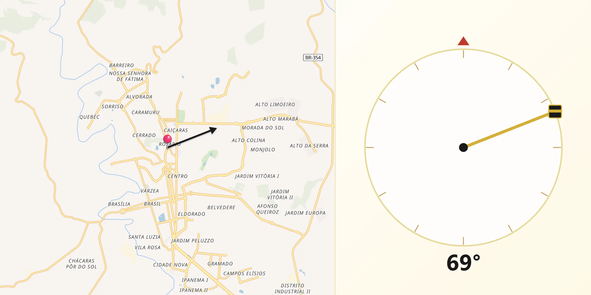 Direção da Qibla a partir de Patos de Minas