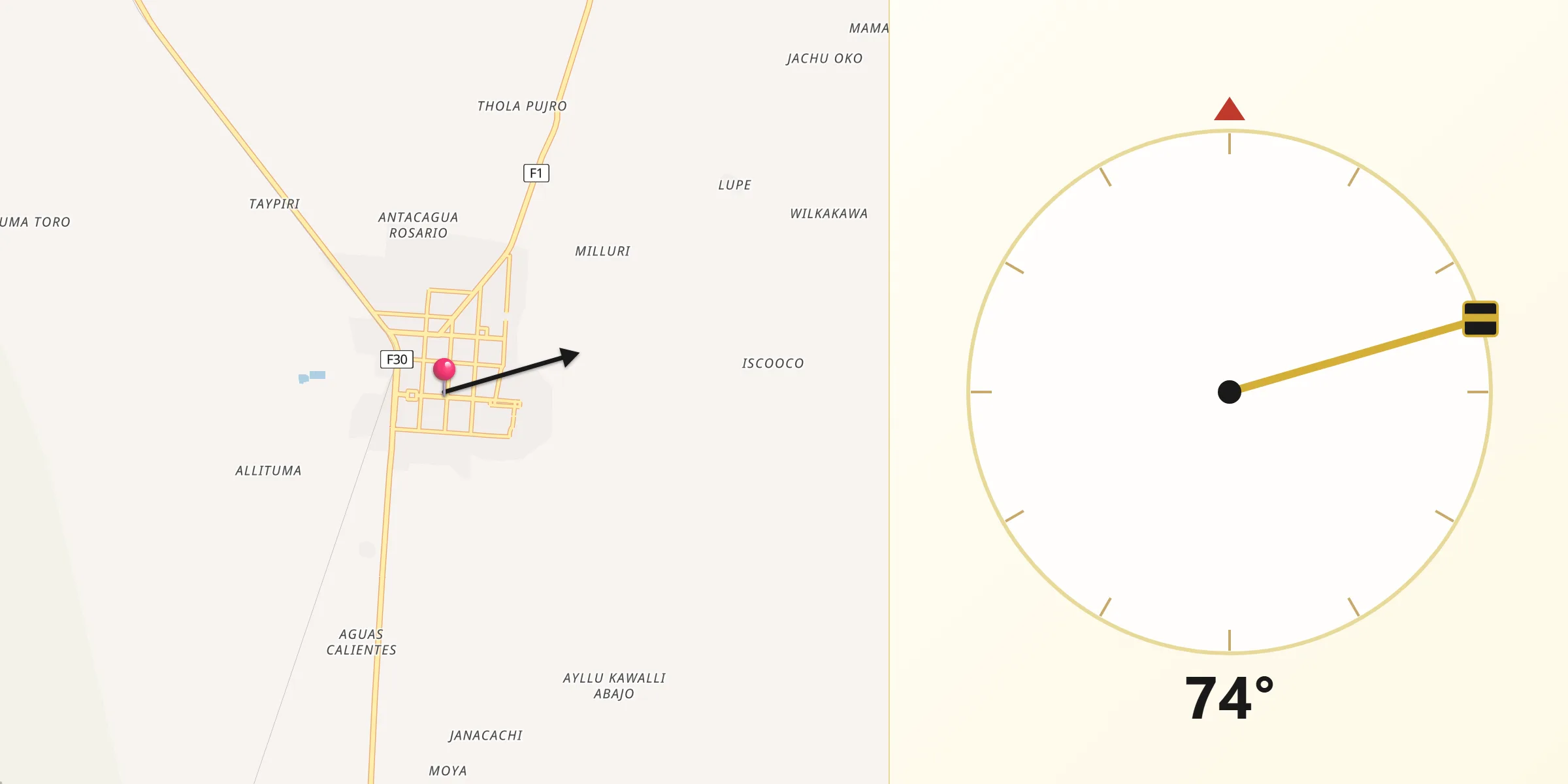 Dirección de la Qibla desde Challapata