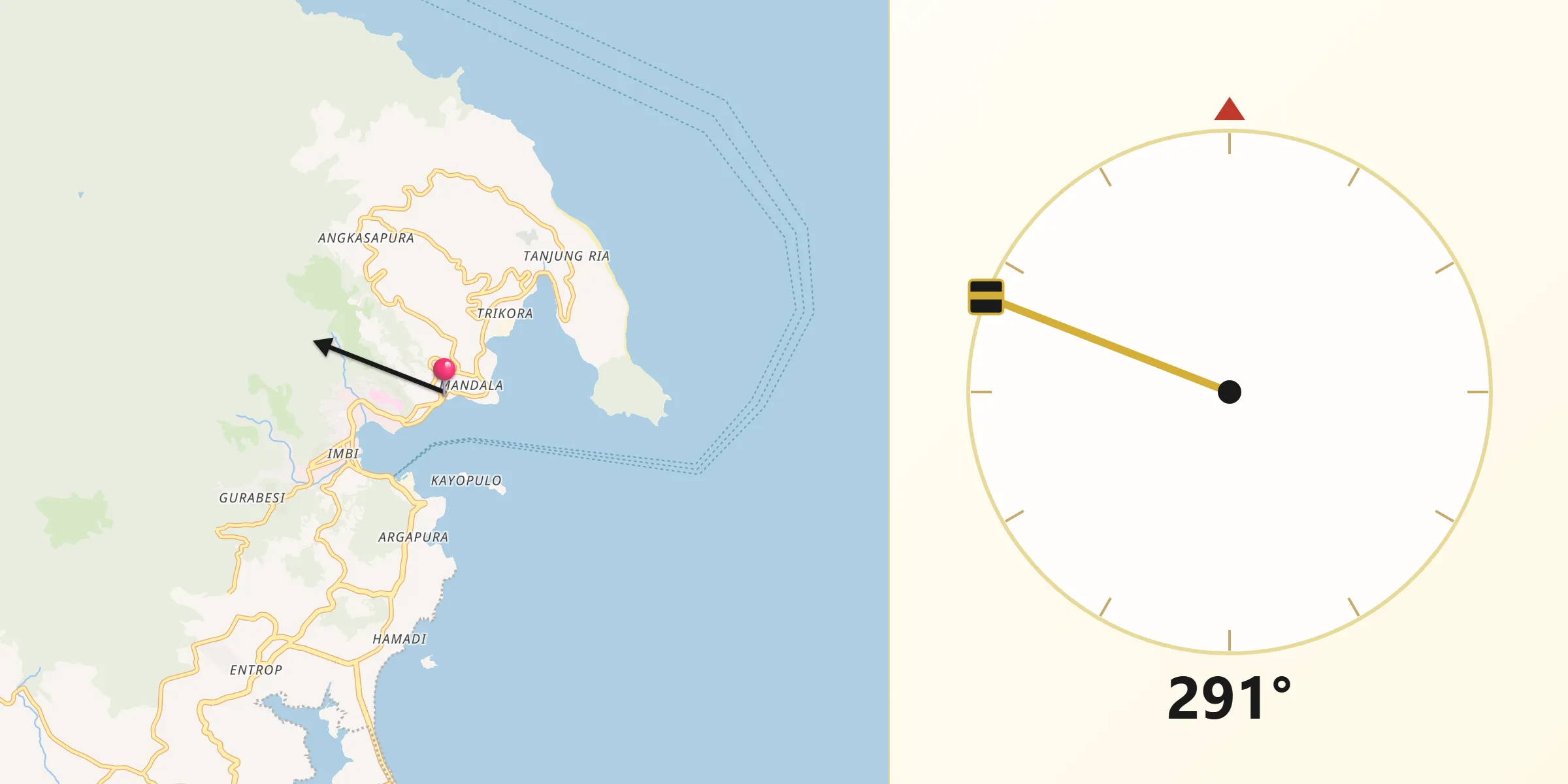 Direction vers la Qibla depuis Jayapura