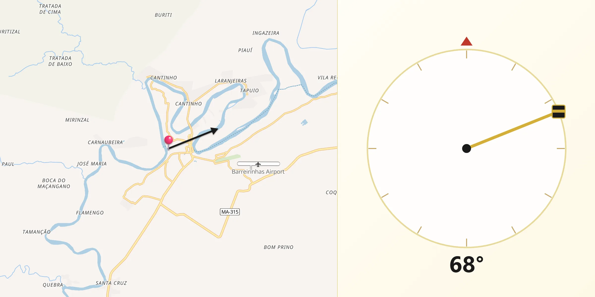 Direção da Qibla a partir de Barreirinhas