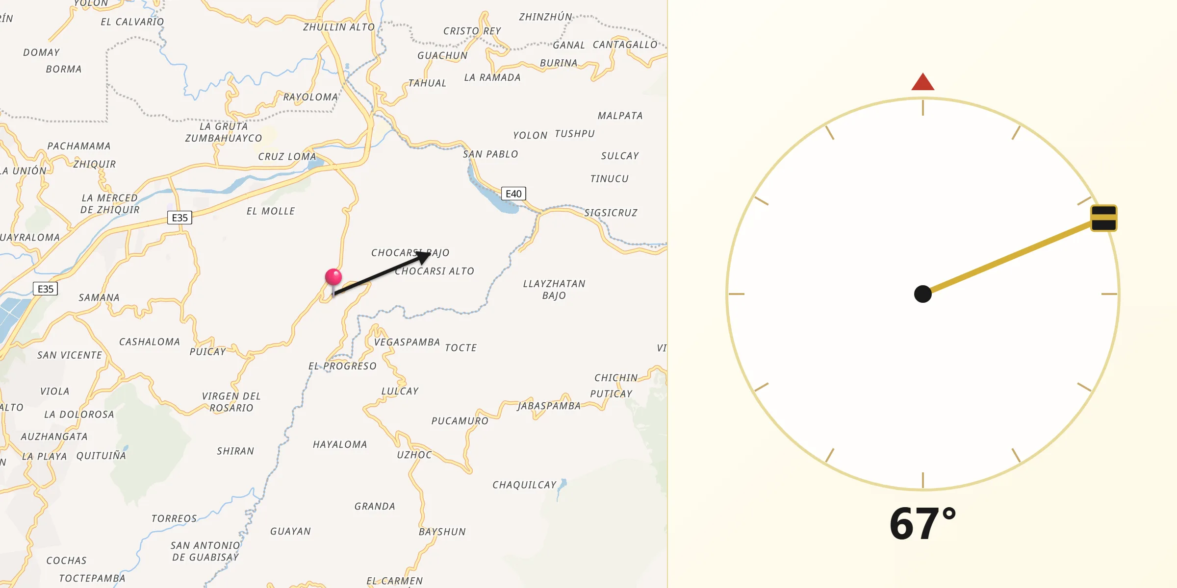 Dirección de la Qibla desde Llacao
