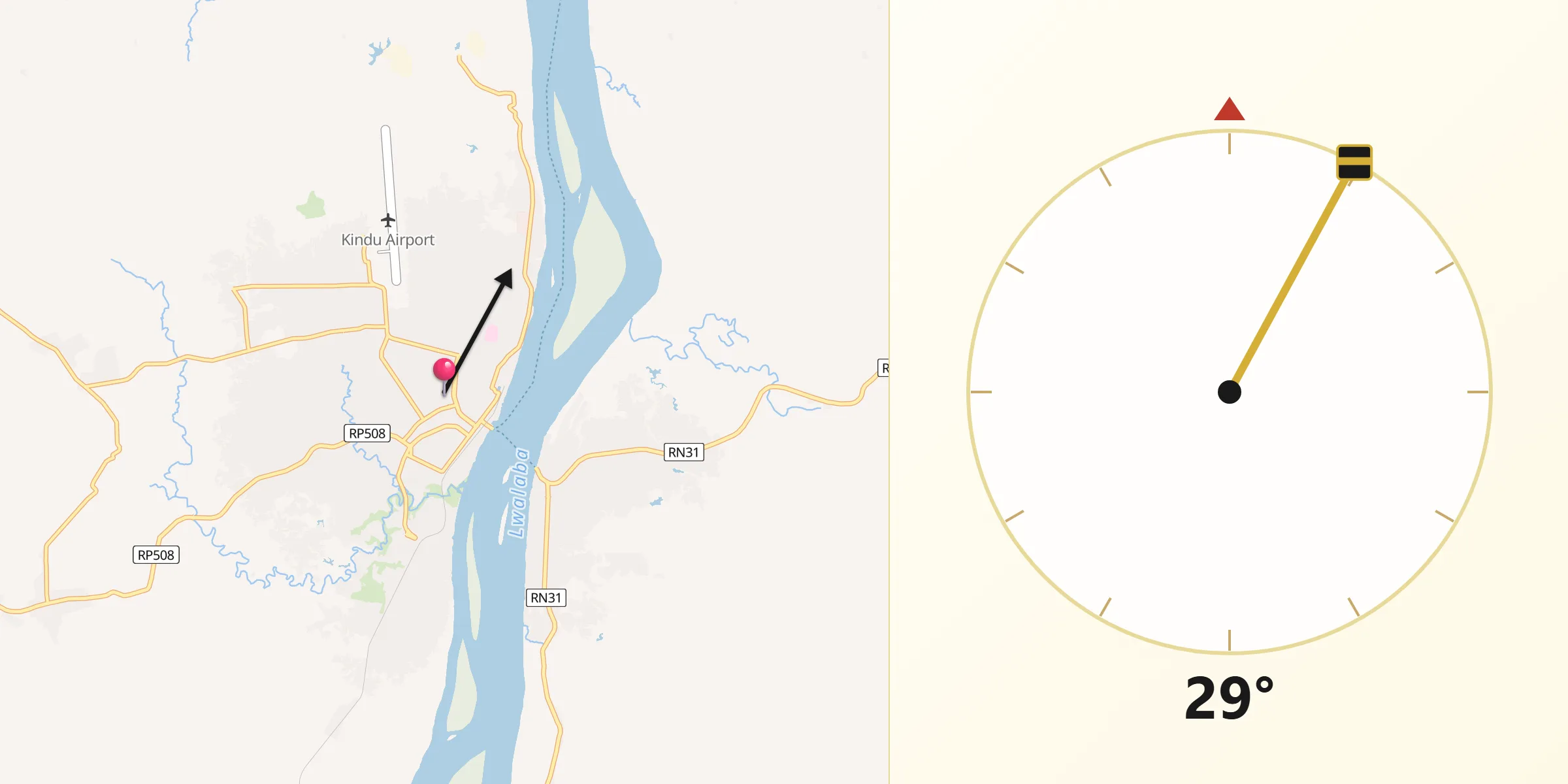 Direction vers la Qibla depuis Kindu