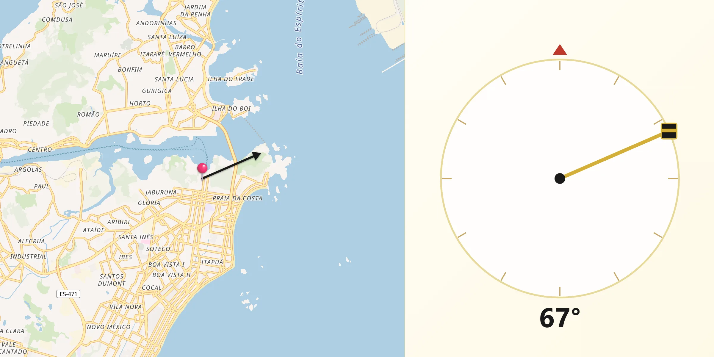 Direção da Qibla a partir de Vila Velha
