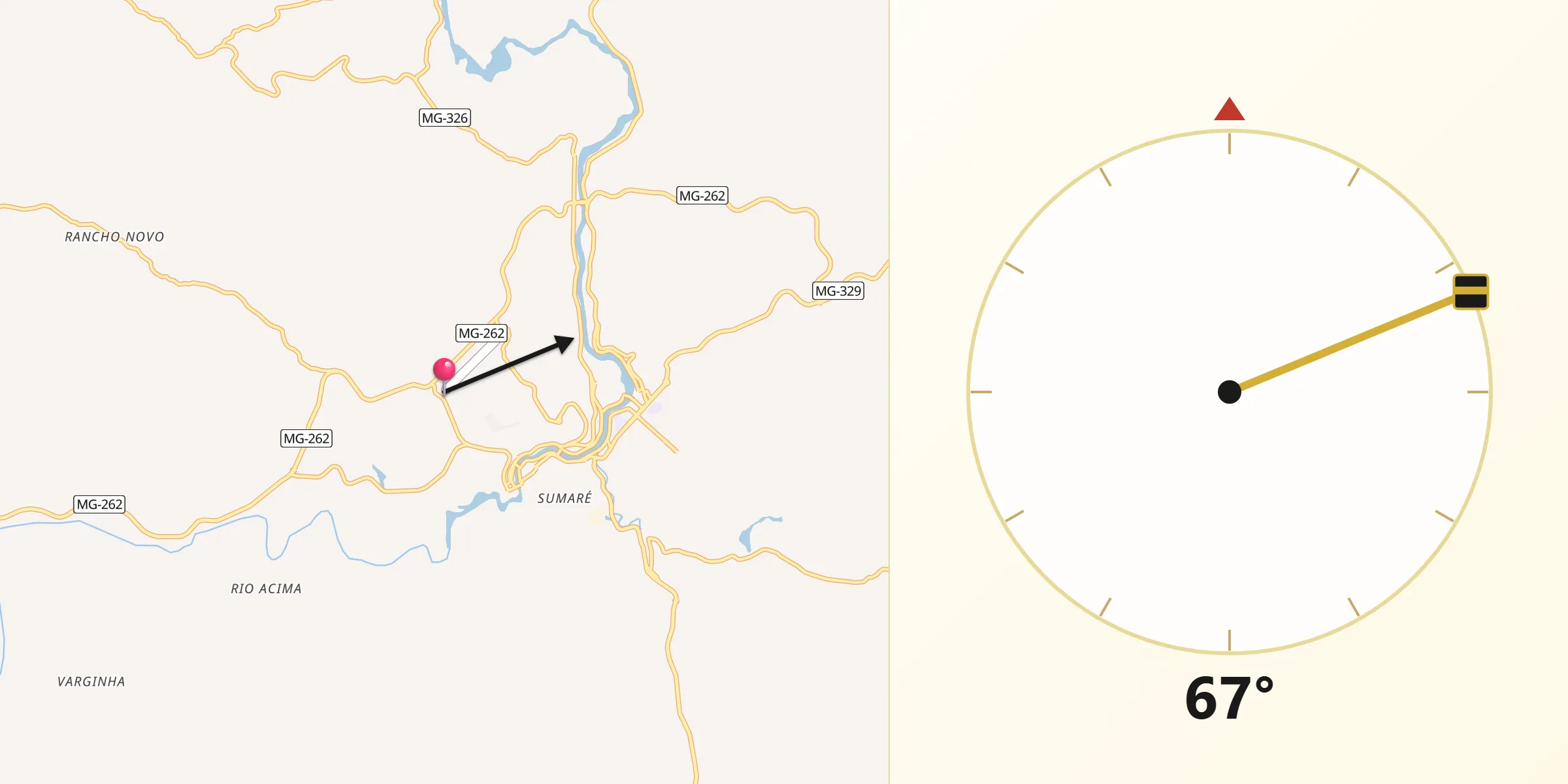 Direção da Qibla a partir de Ponte Nova