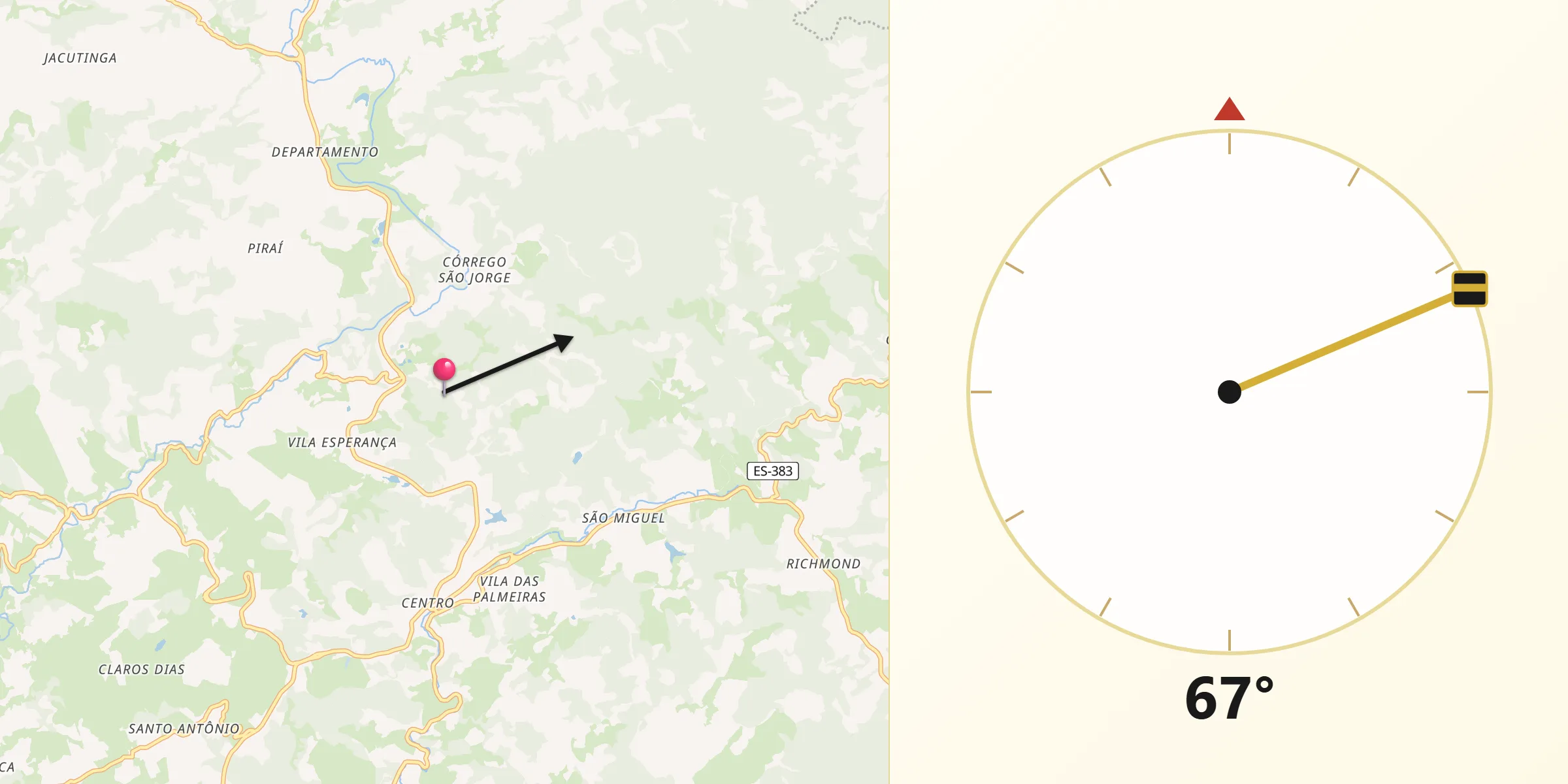 Direção da Qibla a partir de Vargem Alta