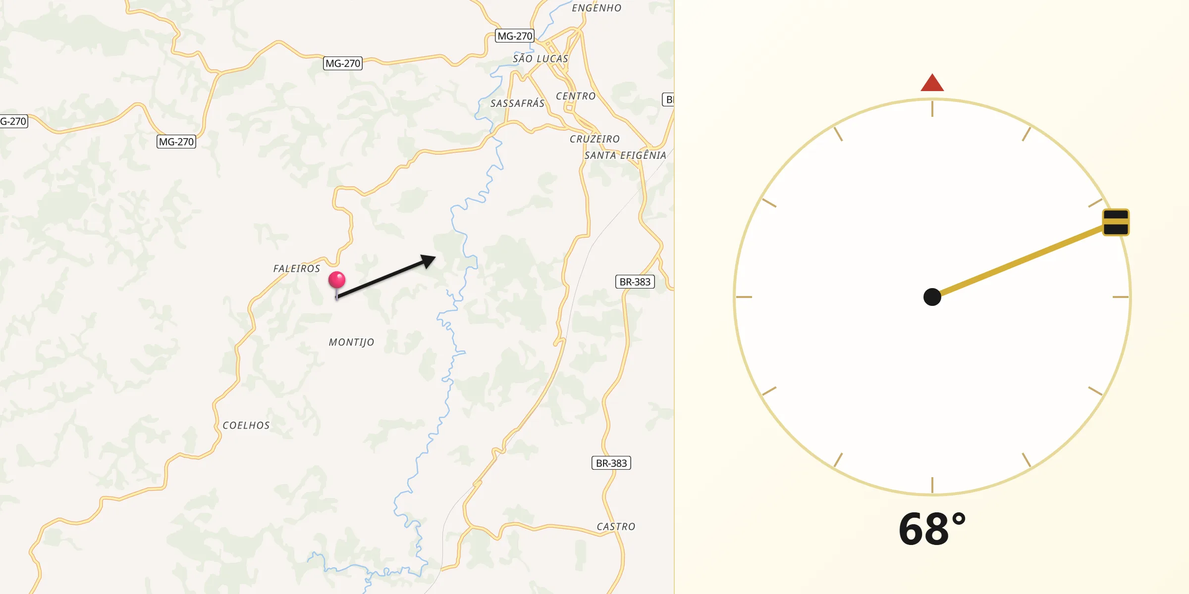 Direção da Qibla a partir de Entre Rios de Minas