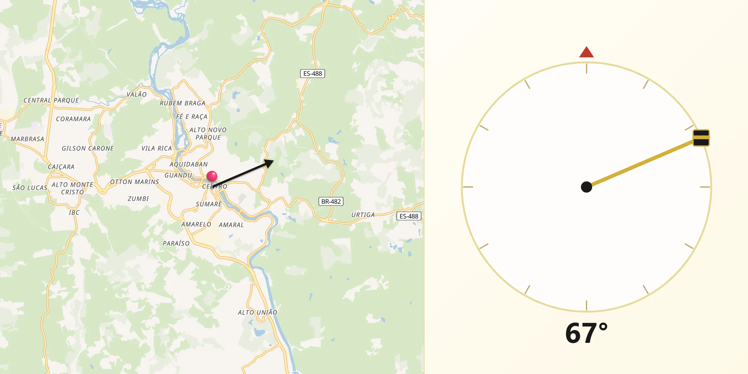Direção da Qibla a partir de Cachoeiro de Itapemirim