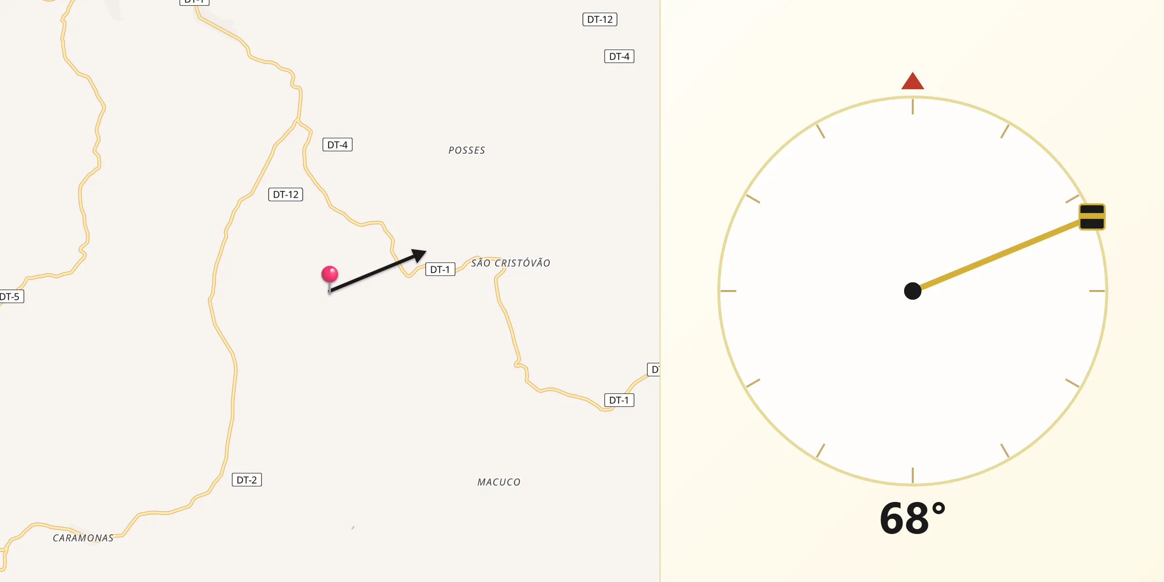 Direção da Qibla a partir de Dores do Turvo