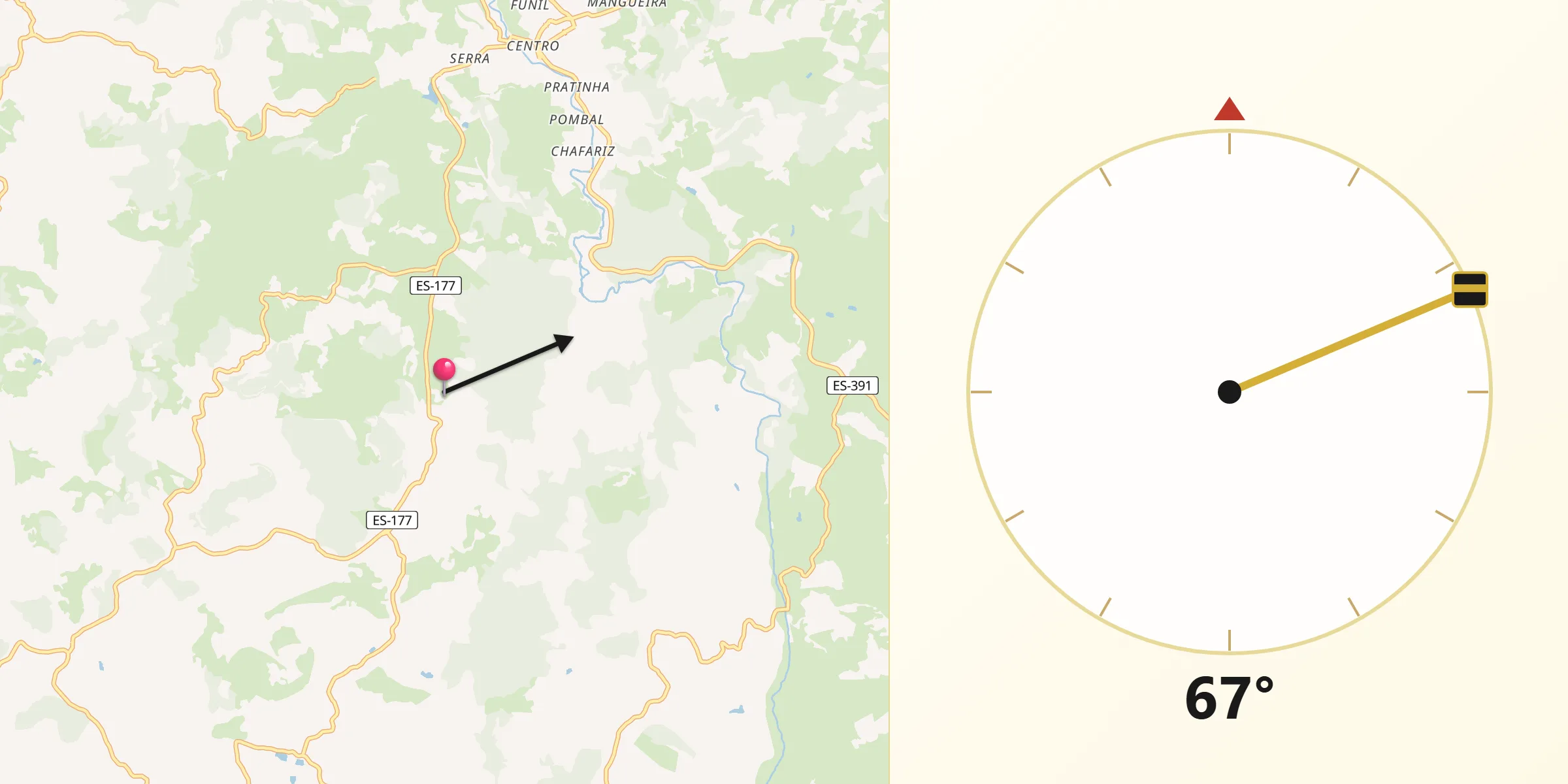 Direção da Qibla a partir de Mimoso do Sul