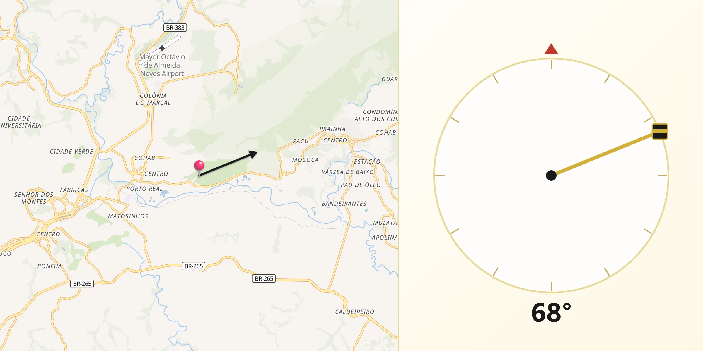 Direção da Qibla a partir de Santa Cruz de Minas