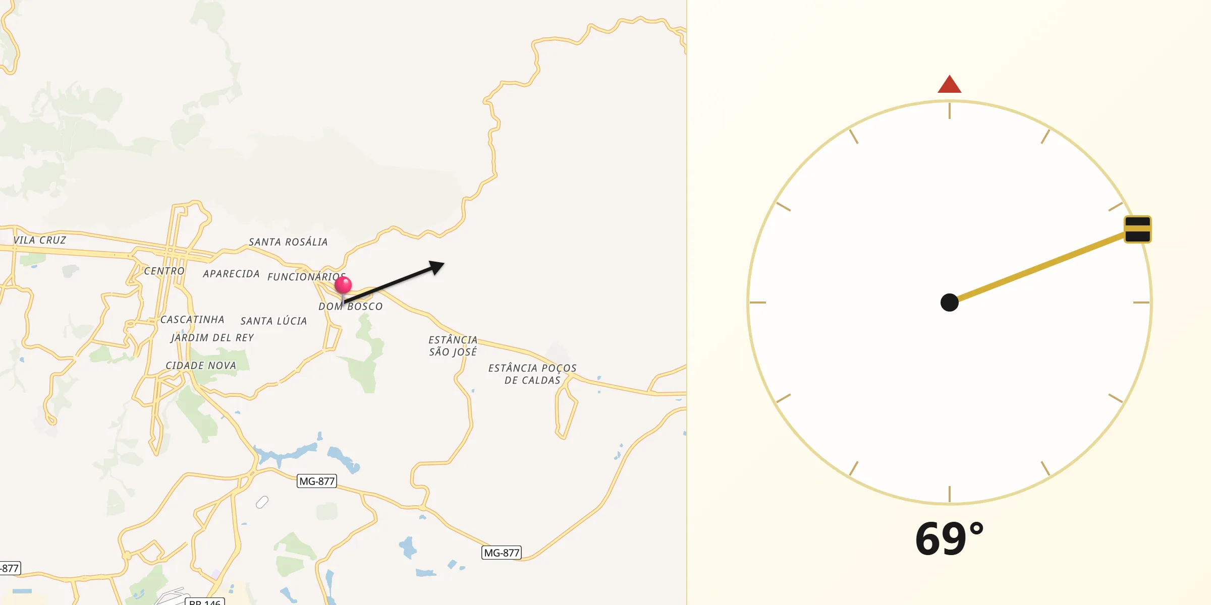 Direção da Qibla a partir de Poços de Caldas